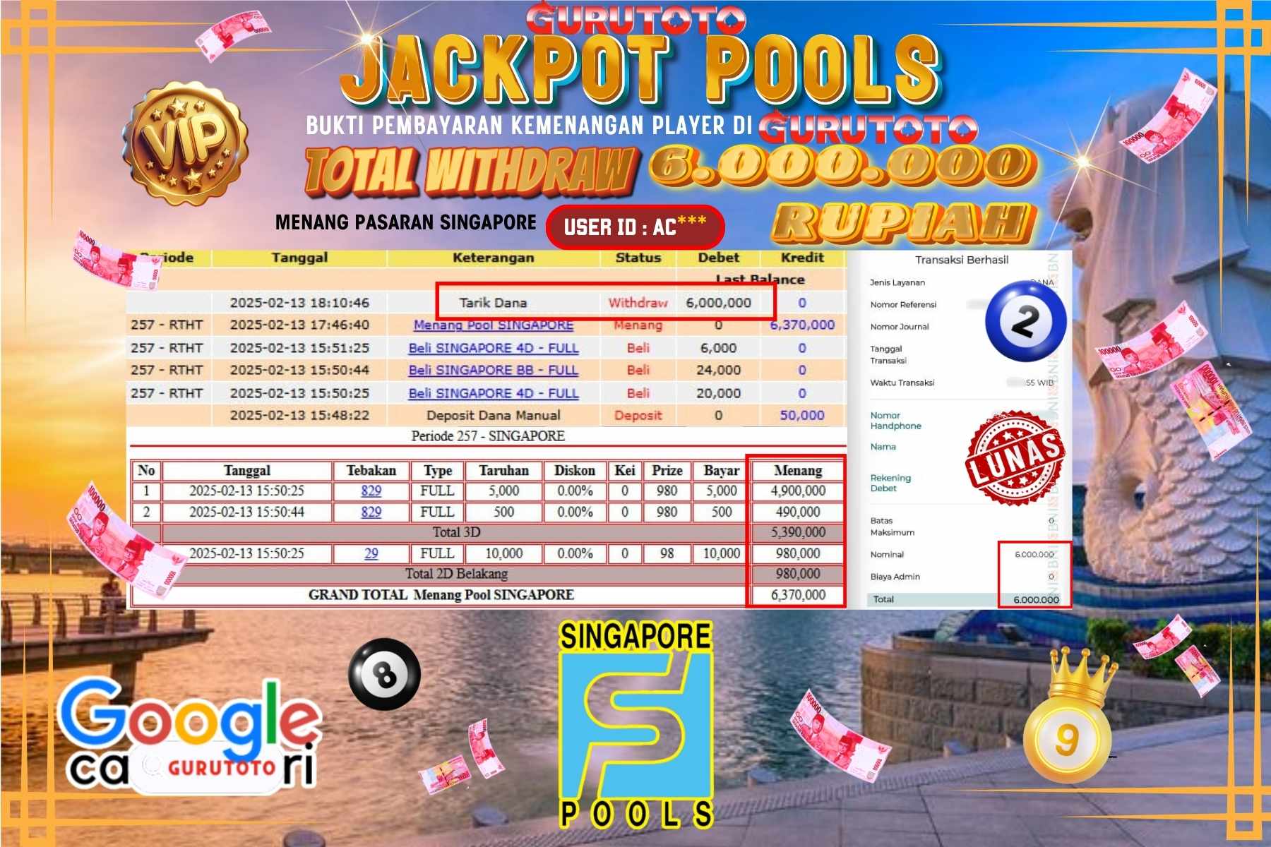 GURUTOTO JACKPOT, TOTO SINGAPORE POOLS , Sebesar Rp 6.000.000,- LUNAS