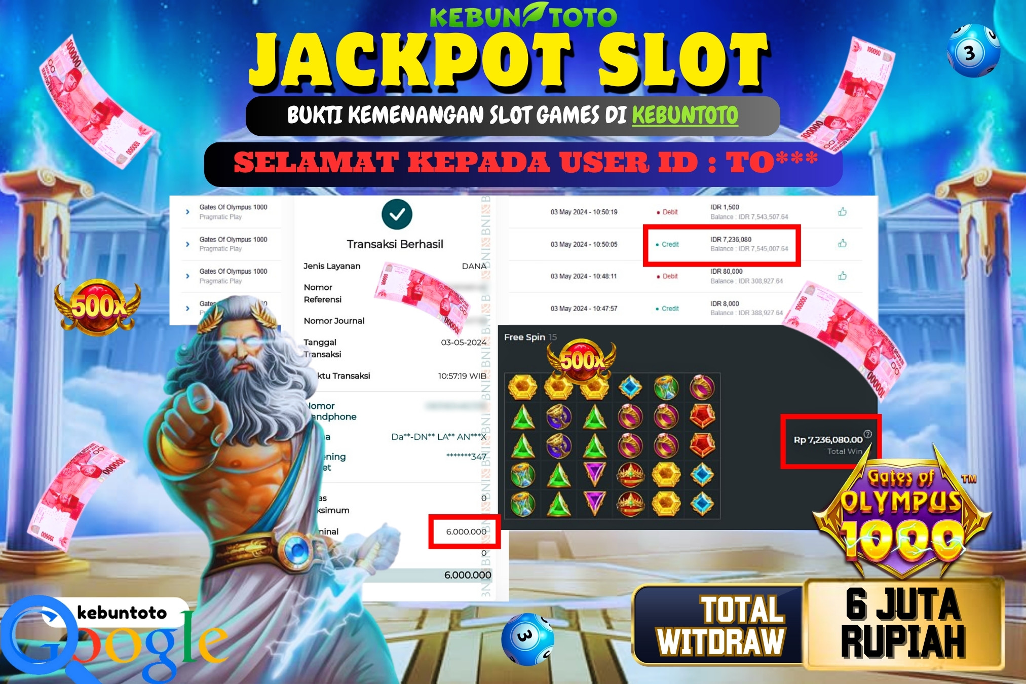 KEBUNTOTO JACKPOT SLOT GATES OF OLYMPUS 1000 Rp.6.000.000,- LUNAS
