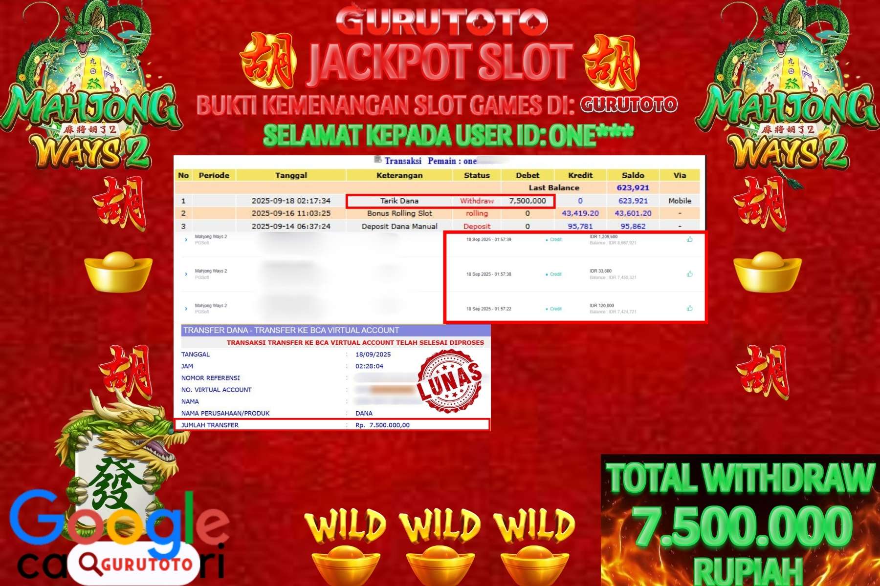 Bukti Kemenangan Rp 7.500.000 SLOT MAHJONG WAYS 2 di GURUTOTO!