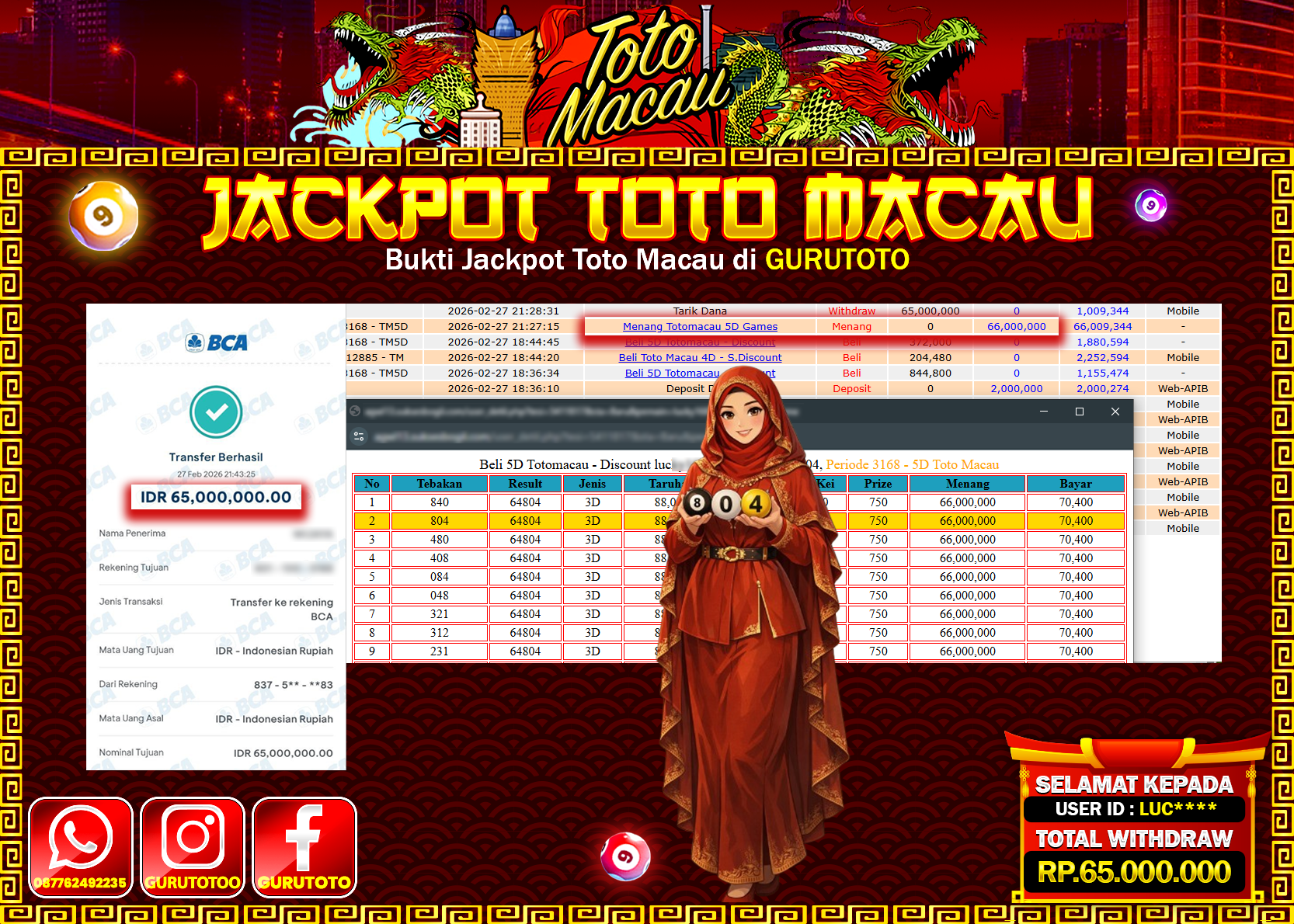 Bukti Kemenangan Rp 65.000.000 TOTO MACAU di GURUTOTO !
