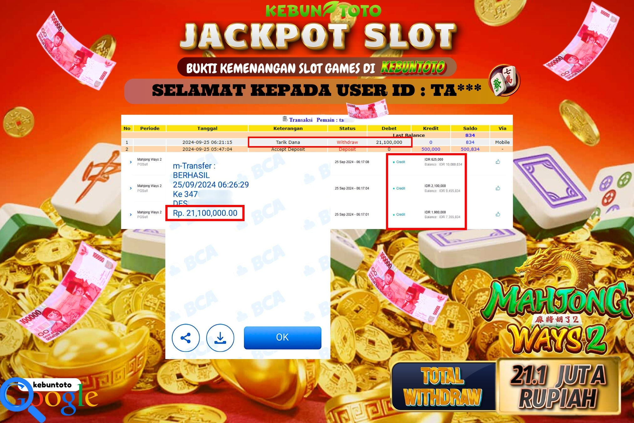 KEBUNTOTO JACKPOT SLOT MAHJONG WAYS 2 Rp.21.100.000,- LUNAS