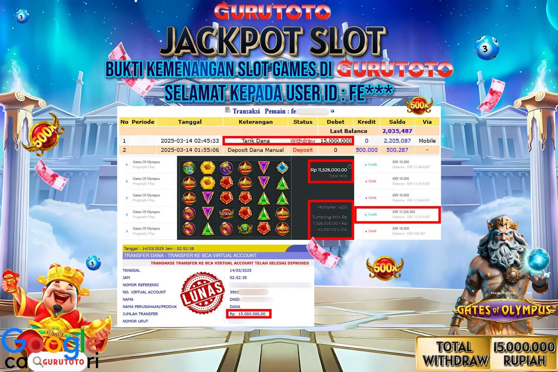 GURUTOTO JACKPOT, GATES OF OLYMPUS , Sebesar Rp 15.000.000,- LUNAS