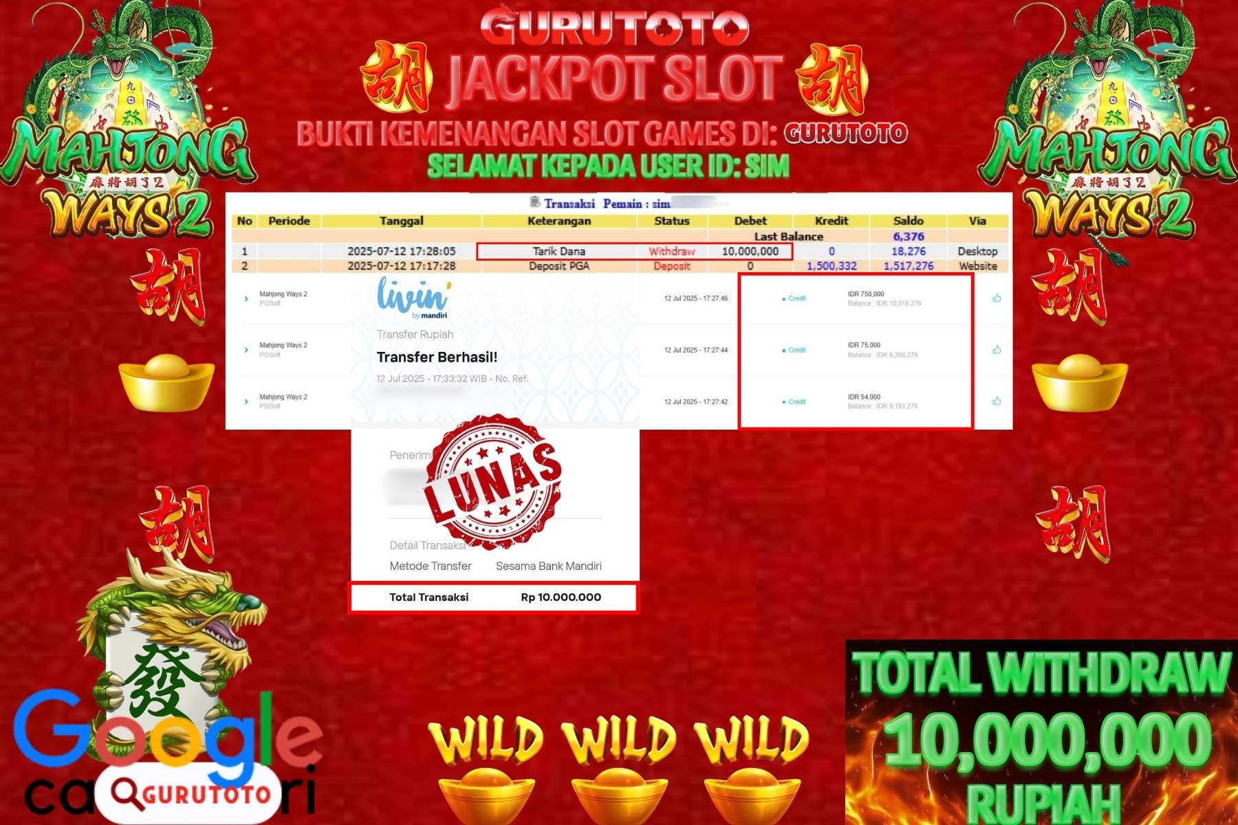 Bukti Kemenangan Rp 10.000.000 SLOT MAHJONG WAYS 2 di GURUTOTO!