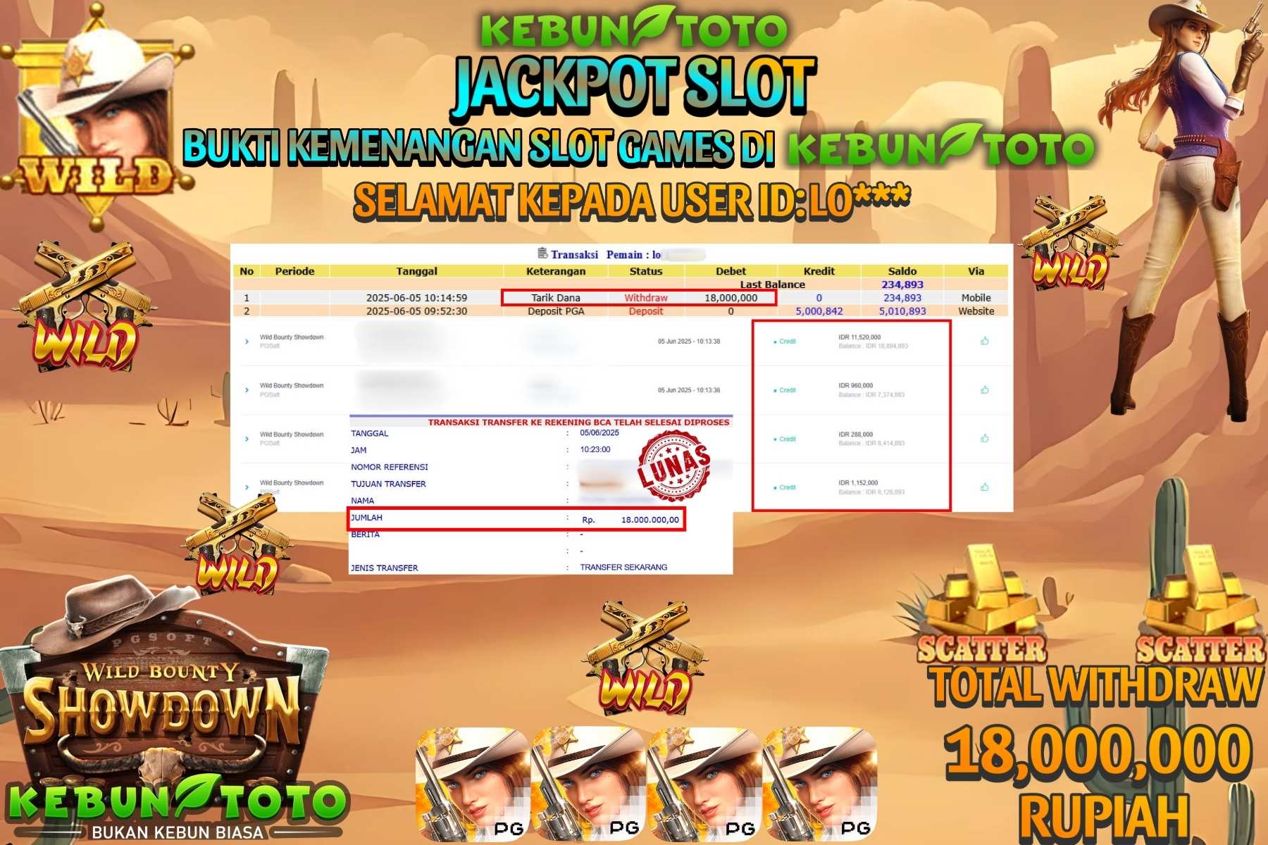 KEBUNTOTO JACKPOT SLOT WILD BOUNTY SHOWDOWN Rp 18.000.000,- LUNAS