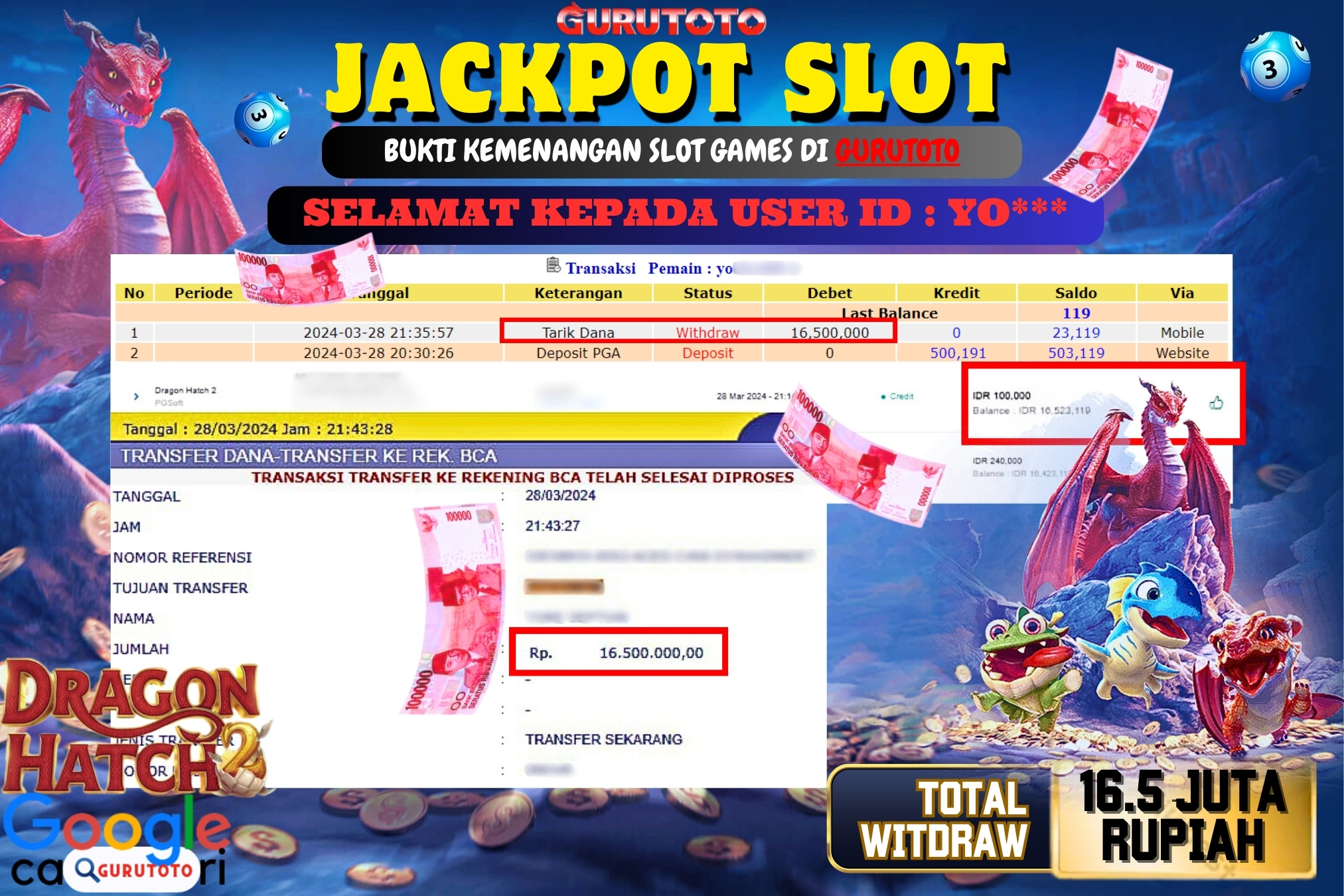 Jackpot Slot DRAGON HATCH 2 di Gurutoto sebesar Rp.16.500.000 dibayar lunas.