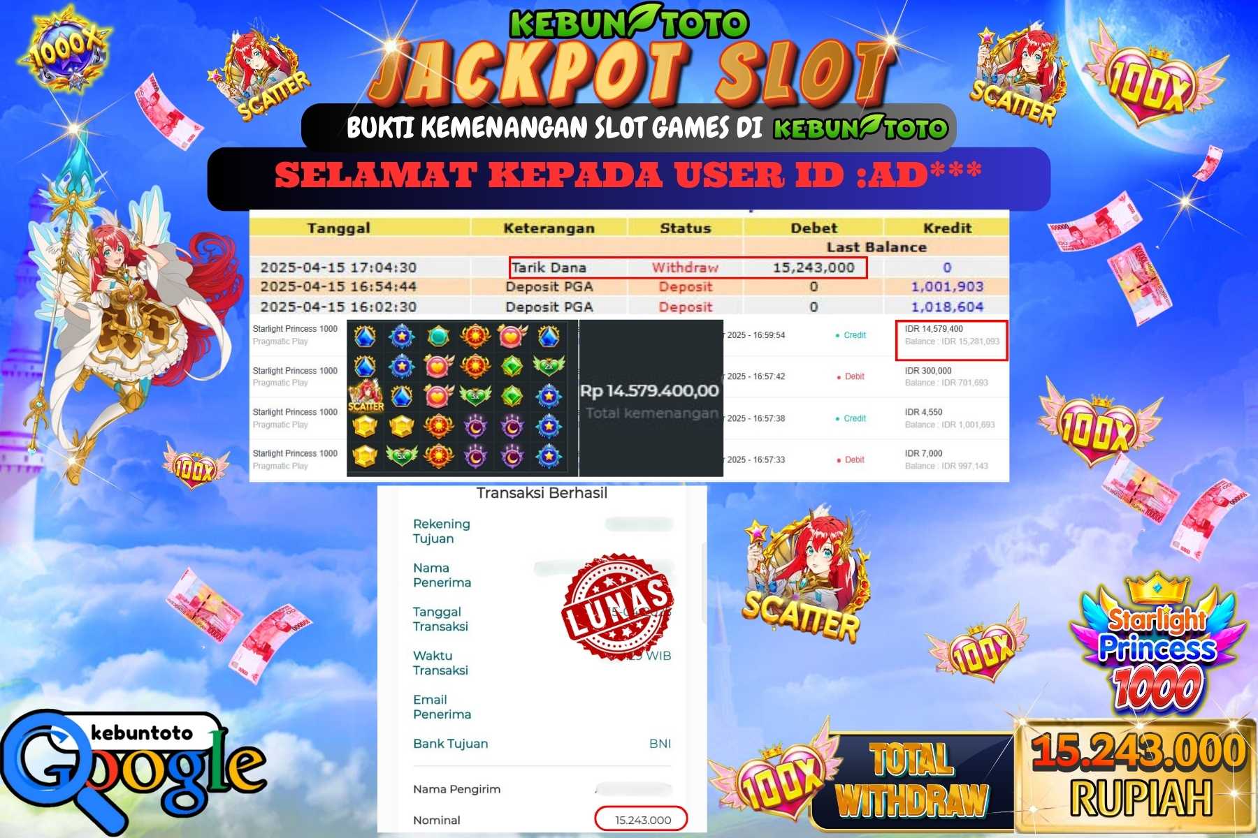 KEBUNTOTO JACKPOT, SLOT STARLIGHT PRINCESS 1000 Rp 15.243.000,- LUNAS