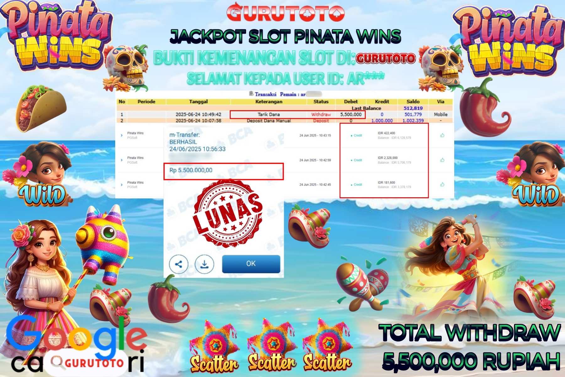 Bukti Kemenangan Rp 5.500.000 SLOT PINATA WINS di GURUTOTO!
