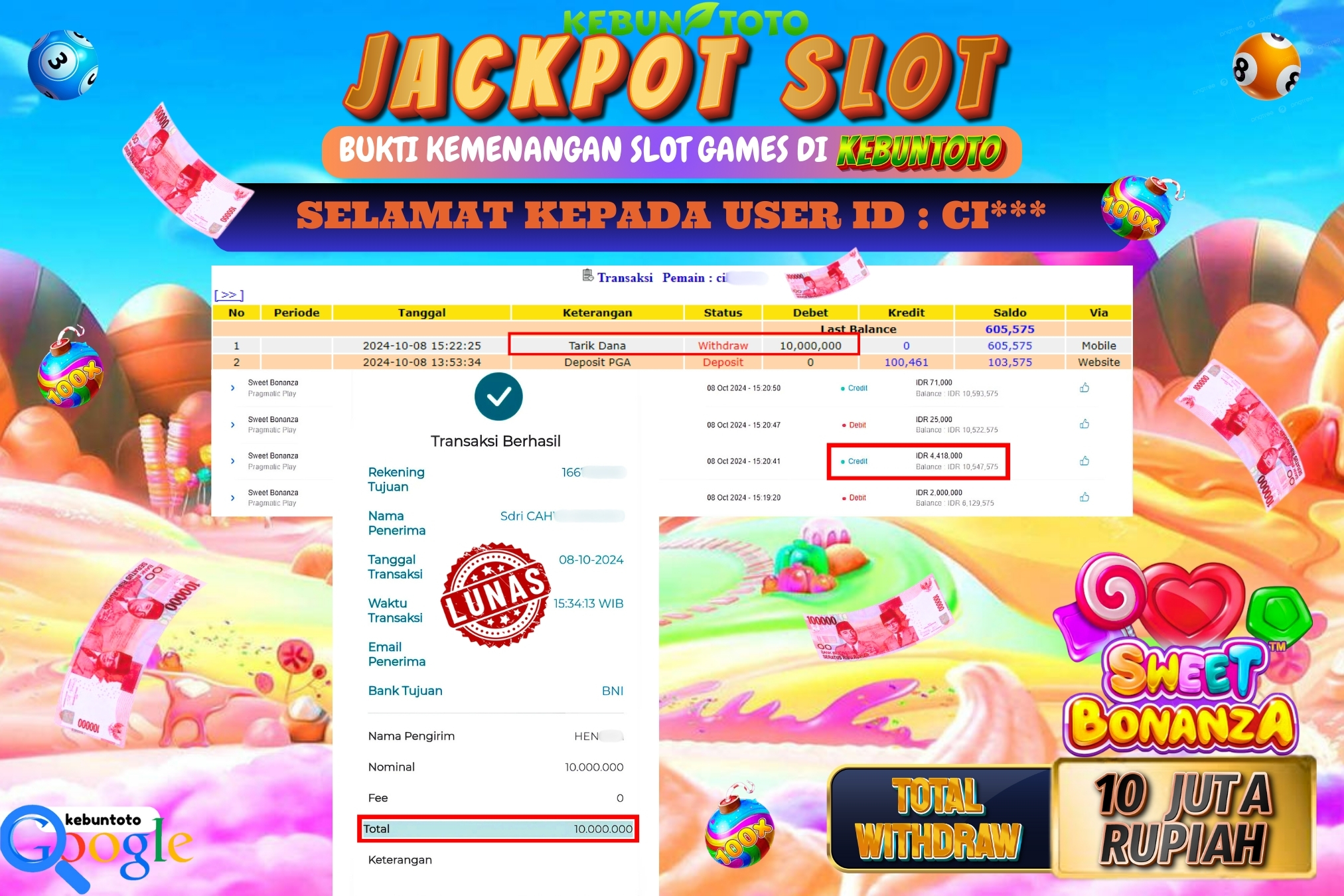 KEBUNTOTO JACKPOT SLOT SWEET BONANZA Rp.10.000.000,- LUNAS