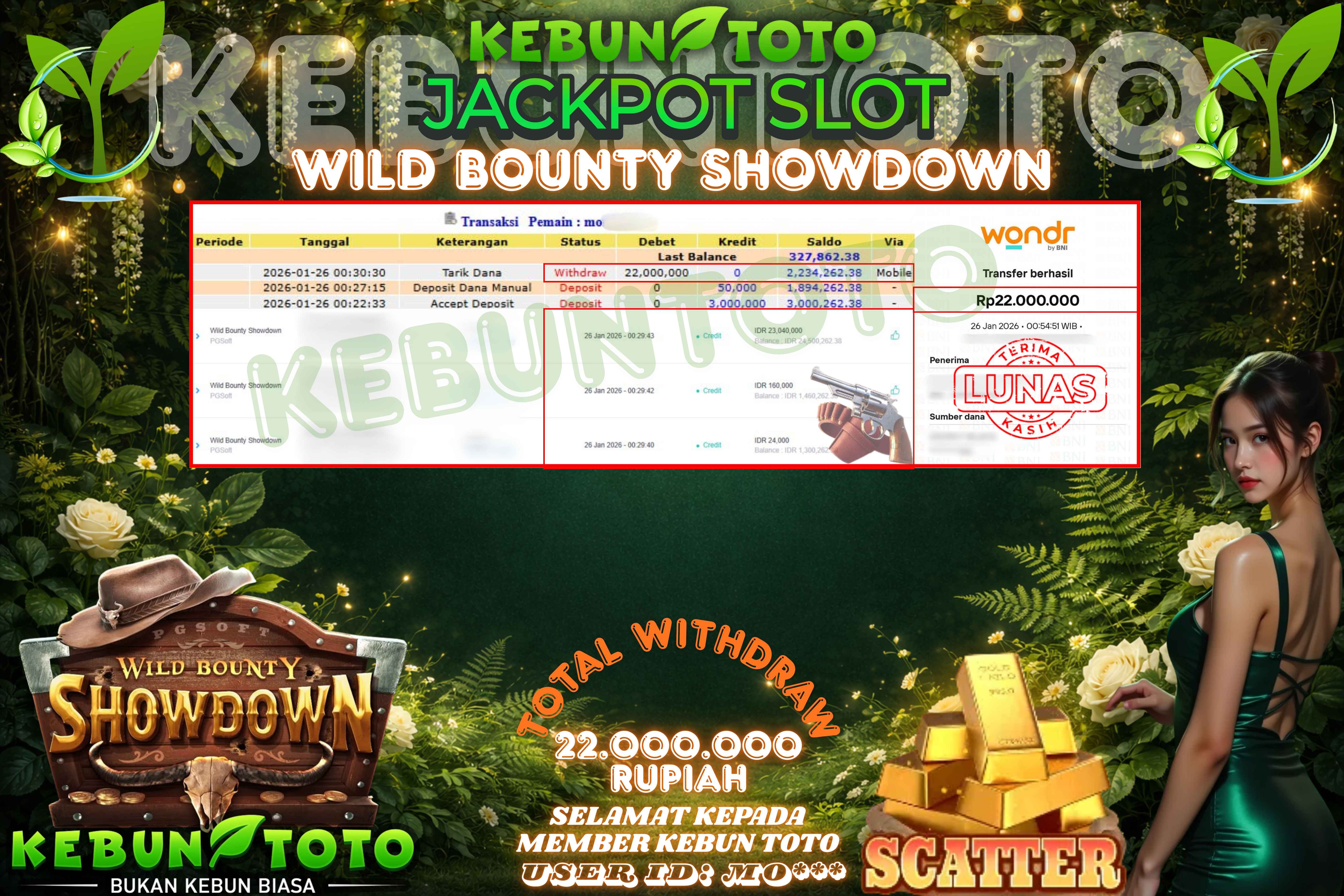 Bukti Kemenangan Rp 22.000.000 SLOT WILD BOUNTY SHOWDOWN di KEBUNTOTO!
