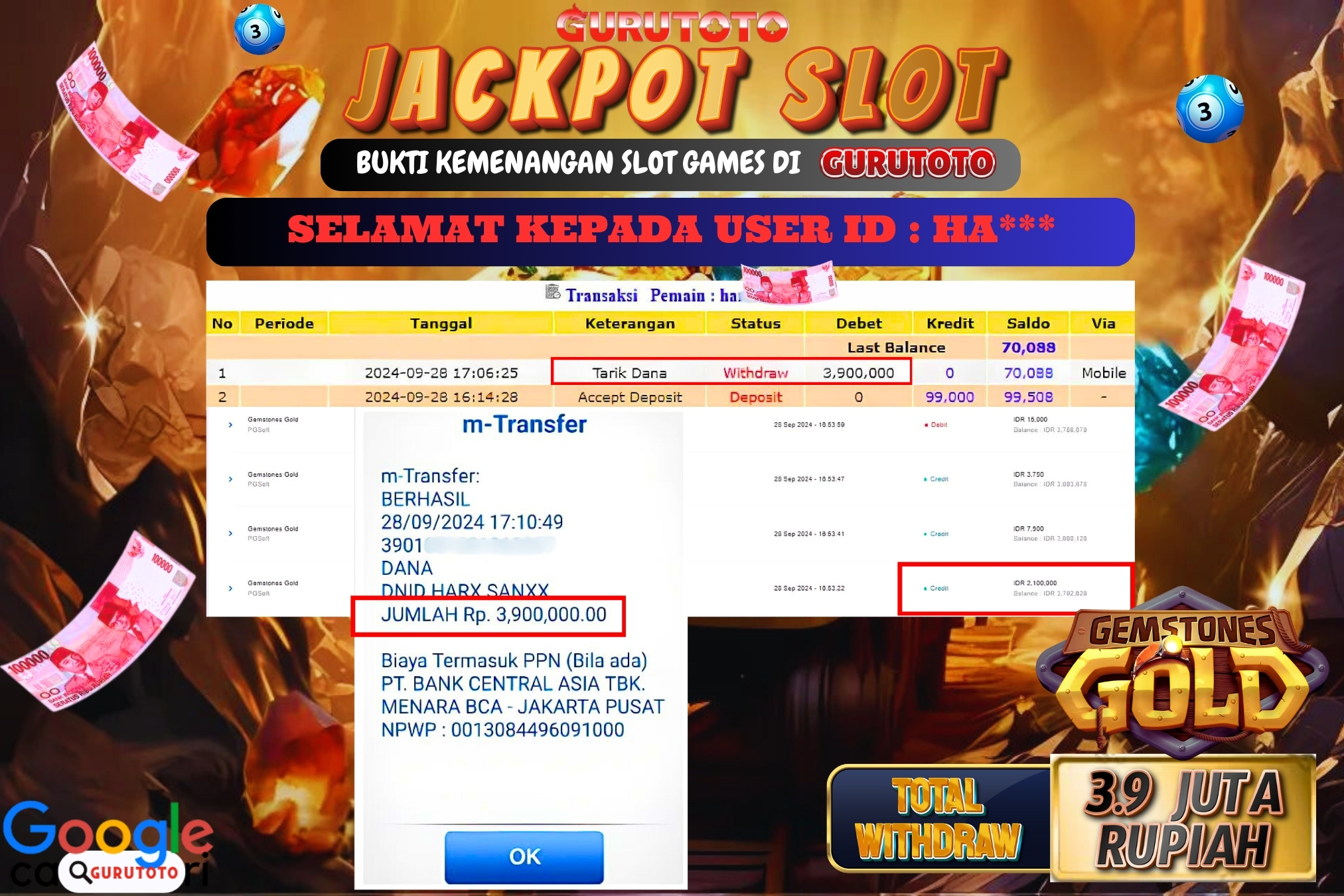 Jackpot Slot Gemstones Gold di Gurutoto sebesar Rp.3.900.000 dibayar lunas.