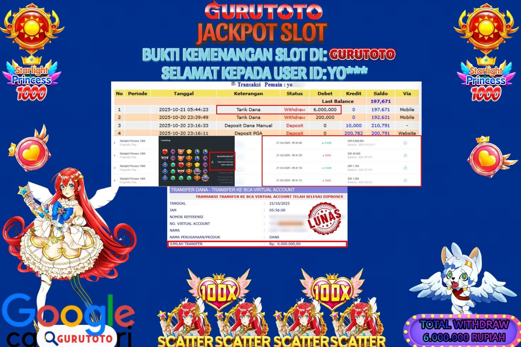 Bukti Kemenangan Rp 6.000.000 SLOT STARLIGHT PRINCESS 1000 di GURUTOTO!