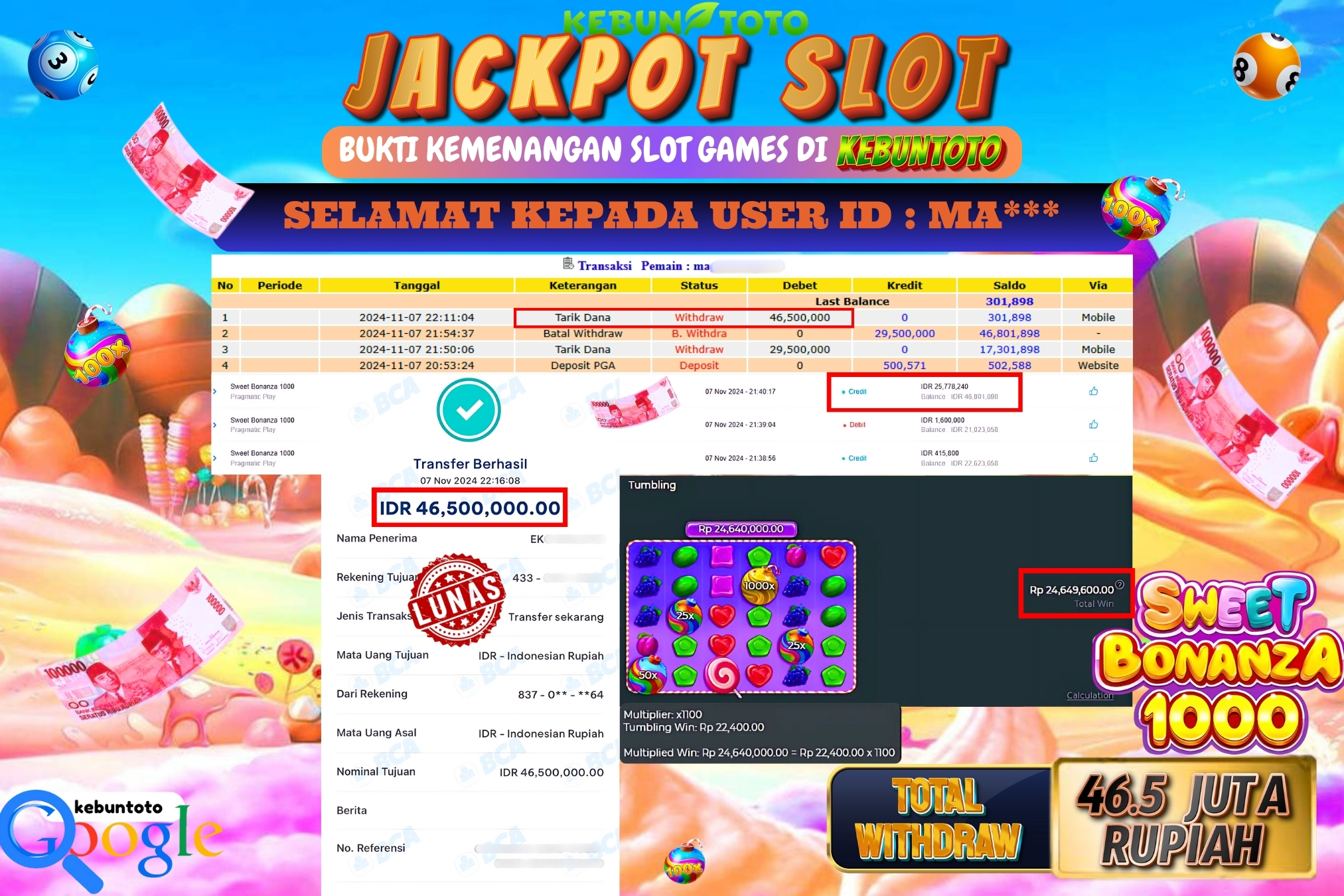 KEBUNTOTO JACKPOT SLOT SWEET BONANZA 1000 Rp.46.500.000,- LUNAS