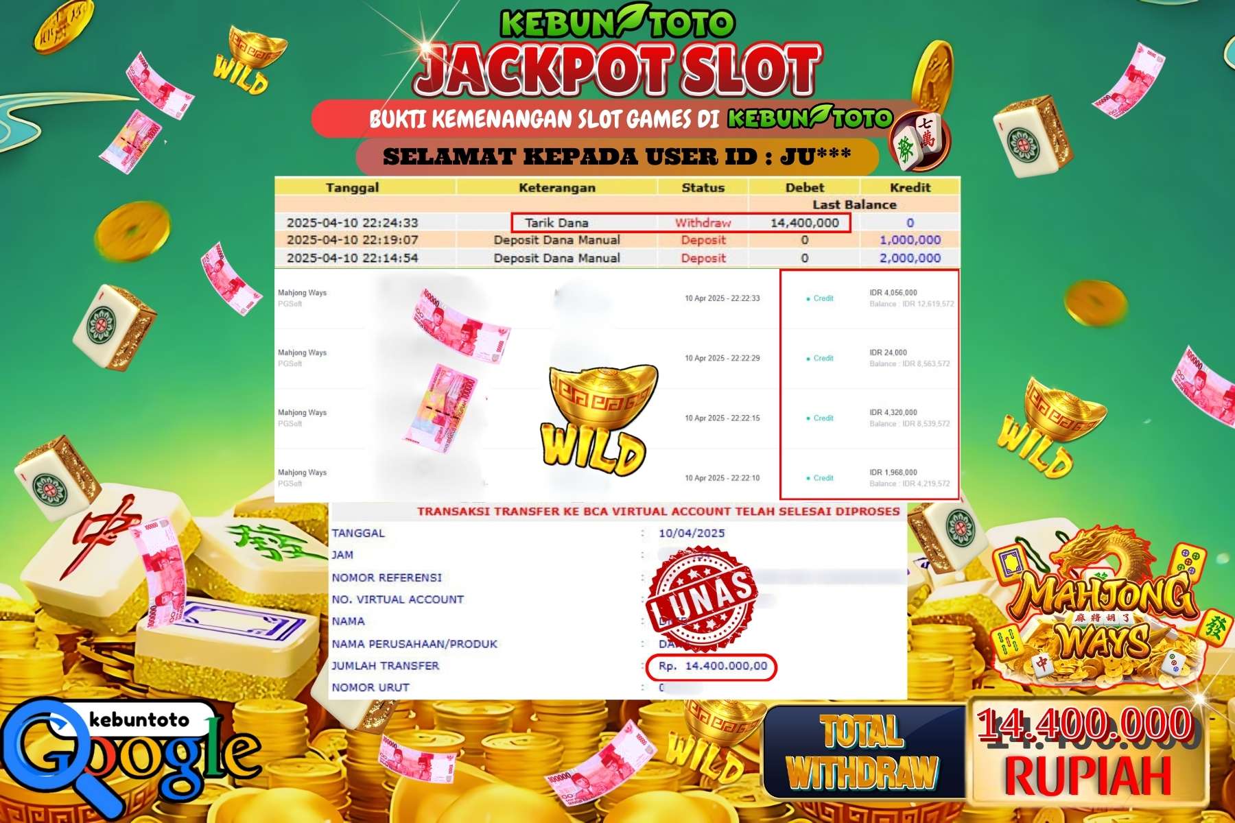 KEBUNTOTO JACKPOT, SLOT MAHJONG WAYS Rp 14.400.000,- LUNAS