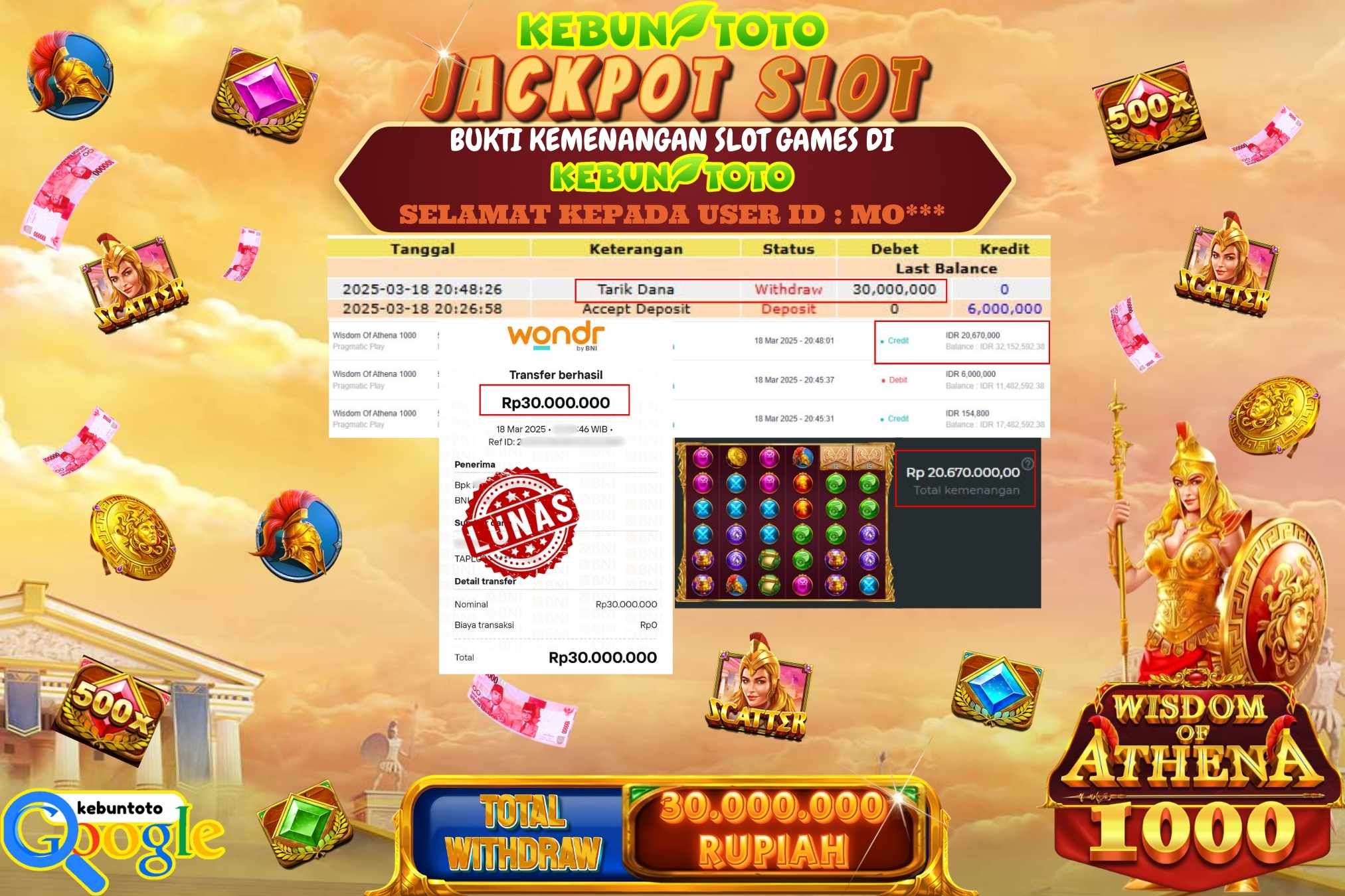 KEBUNTOTO JACKPOT, SLOT WISDOM OF ATHENA 1000 Sebesar Rp 30.000.000,- LUNAS