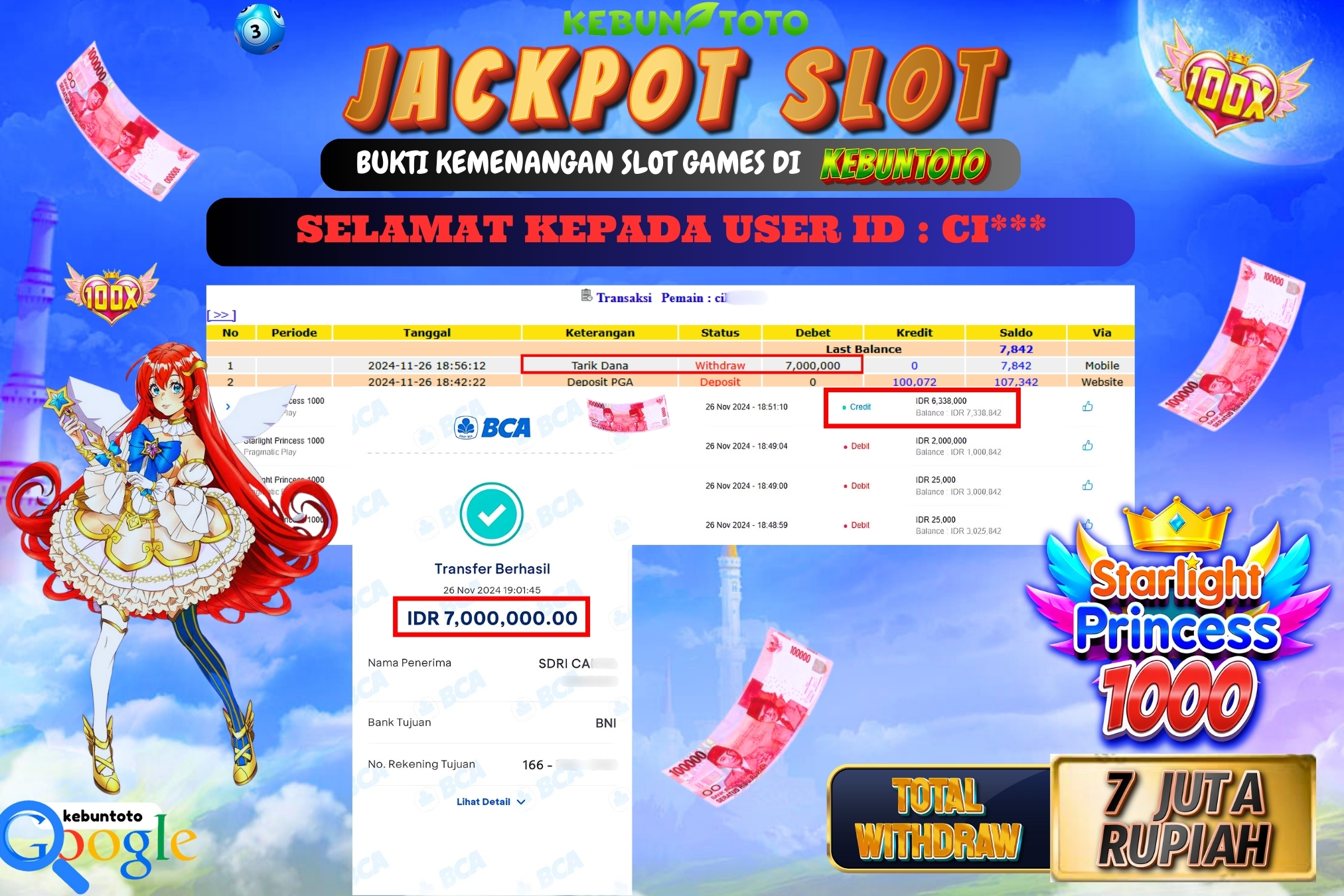 KEBUNTOTO JACKPOT SLOT STARLIGHT PRINCESS 1000 Rp.7.000.000,- LUNAS