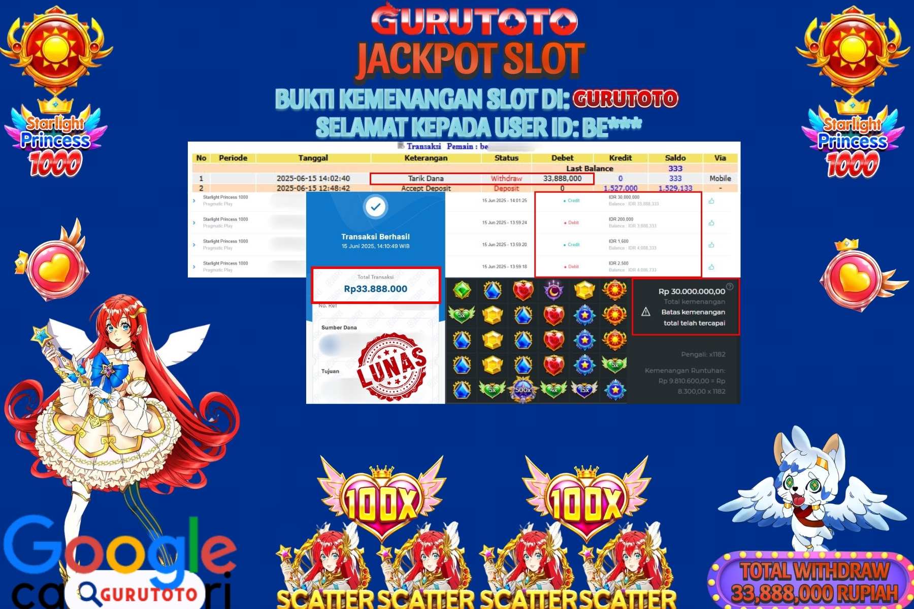 GURUTOTO JACKPOT, SLOT STARLIGHT PRINCESS 1000, Sebesar Rp 33.888.000,- LUNAS