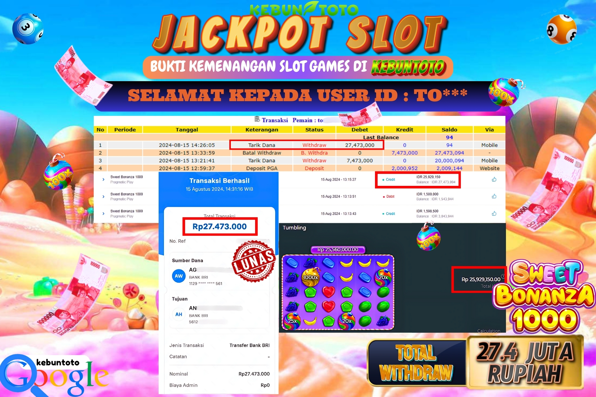 KEBUNTOTO JACKPOT SLOT SWEET BONANZA 1000 Rp.27.473.000,- LUNAS