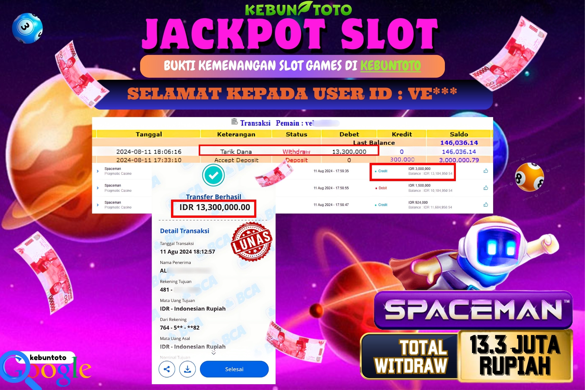 KEBUNTOTO JACKPOT SLOT SPACEMAN Rp.13.300.000,- LUNAS