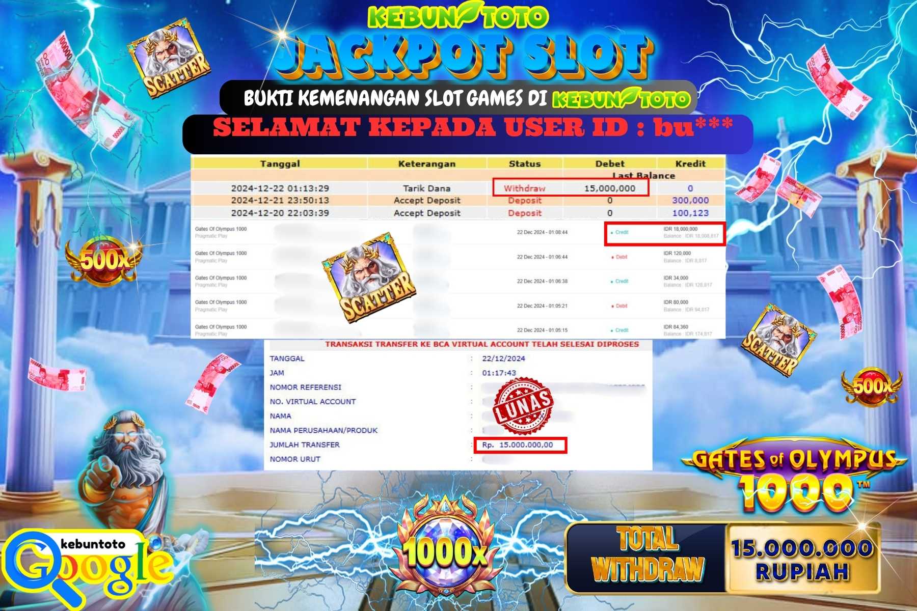 KEBUNTOTO JACKPOT SLOT GATES OF OLYMPUS 1000 , Sebesar Rp.15.000.000,- LUNAS