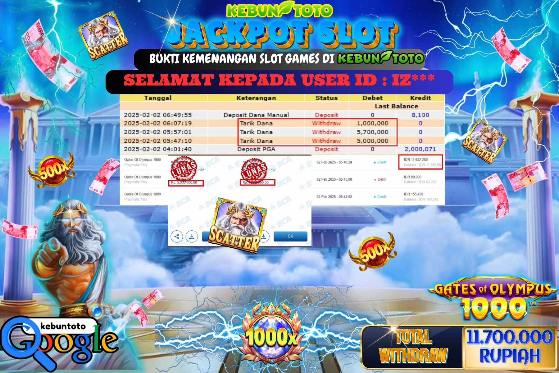 KEBUNTOTO JACKPOT SLOT GATES OF OLYMPUS 1000 , Sebesar Rp 11.700.000,- LUNAS