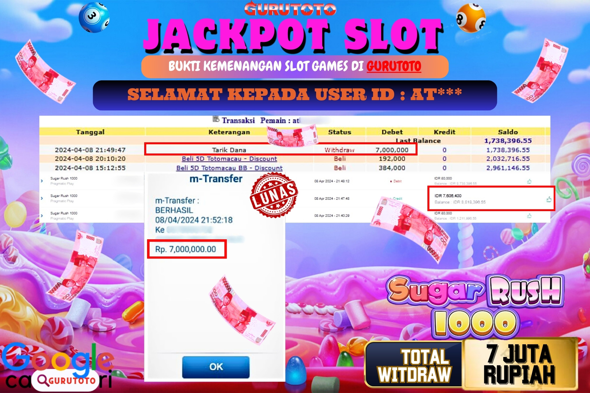 Jackpot Slot SUGAR RUSH 1000 di Gurutoto sebesar Rp.7.000.000 dibayar lunas.
