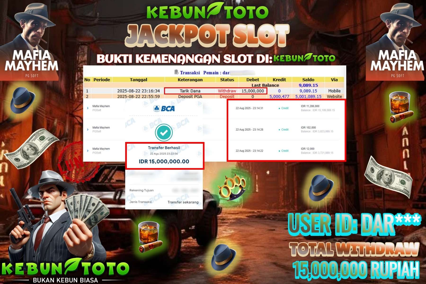 Bukti Kemenangan Rp 15.000.000 SLOT MAFIA MAYTHEM di KEBUNTOTO!