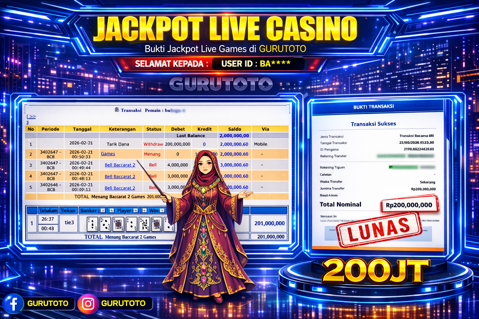 Bukti Kemenangan Rp 200.000.000 BACCARAT 2 di GURUTOTO !