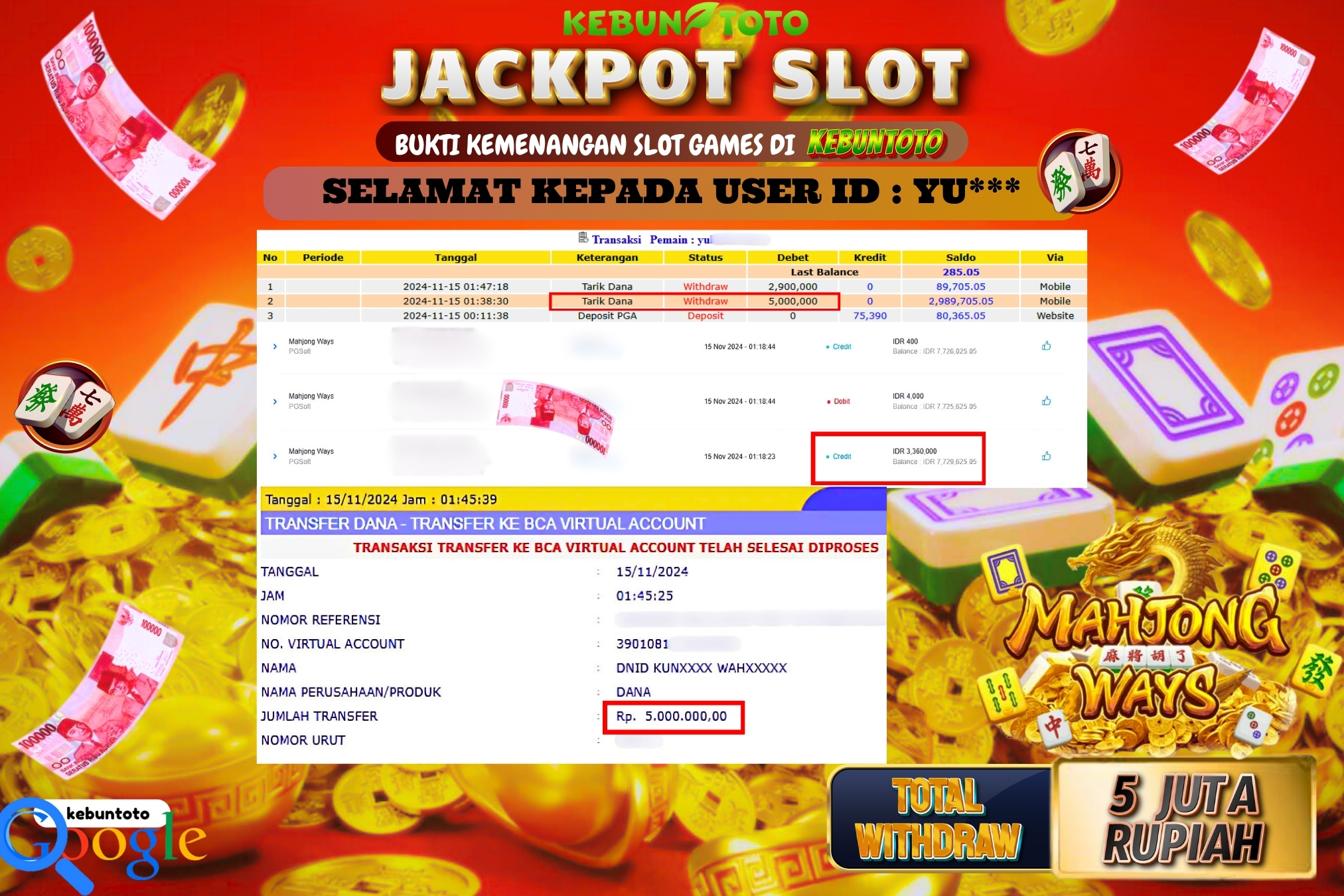 KEBUNTOTO JACKPOT SLOT MAHJONG WAYS Rp.5.000.000,- LUNAS