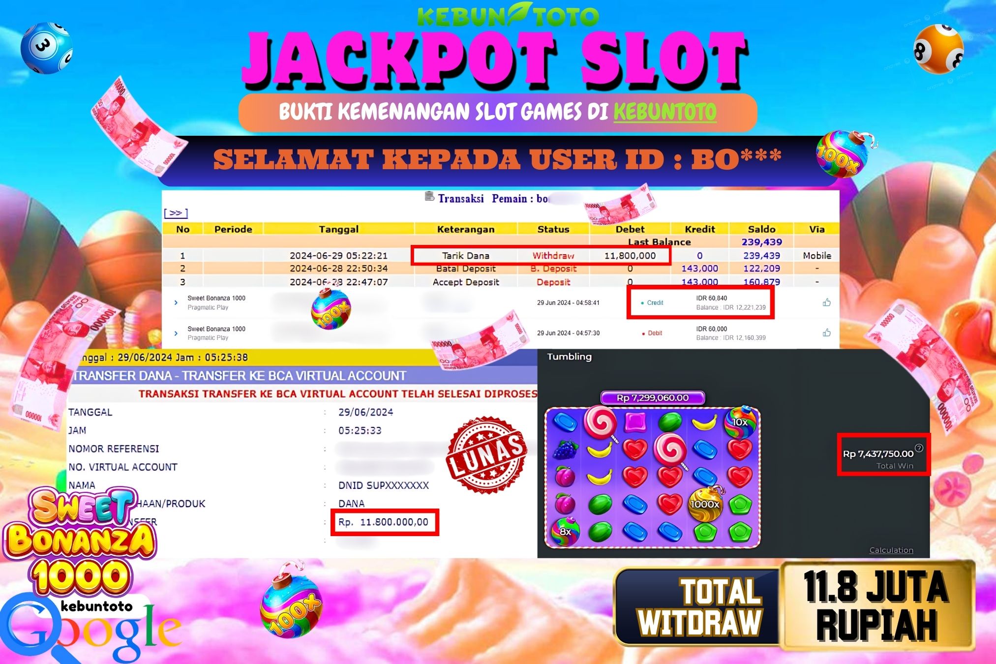 KEBUNTOTO JACKPOT SLOT SWEET BONANZA 1000 Rp.11.800.000,- LUNAS
