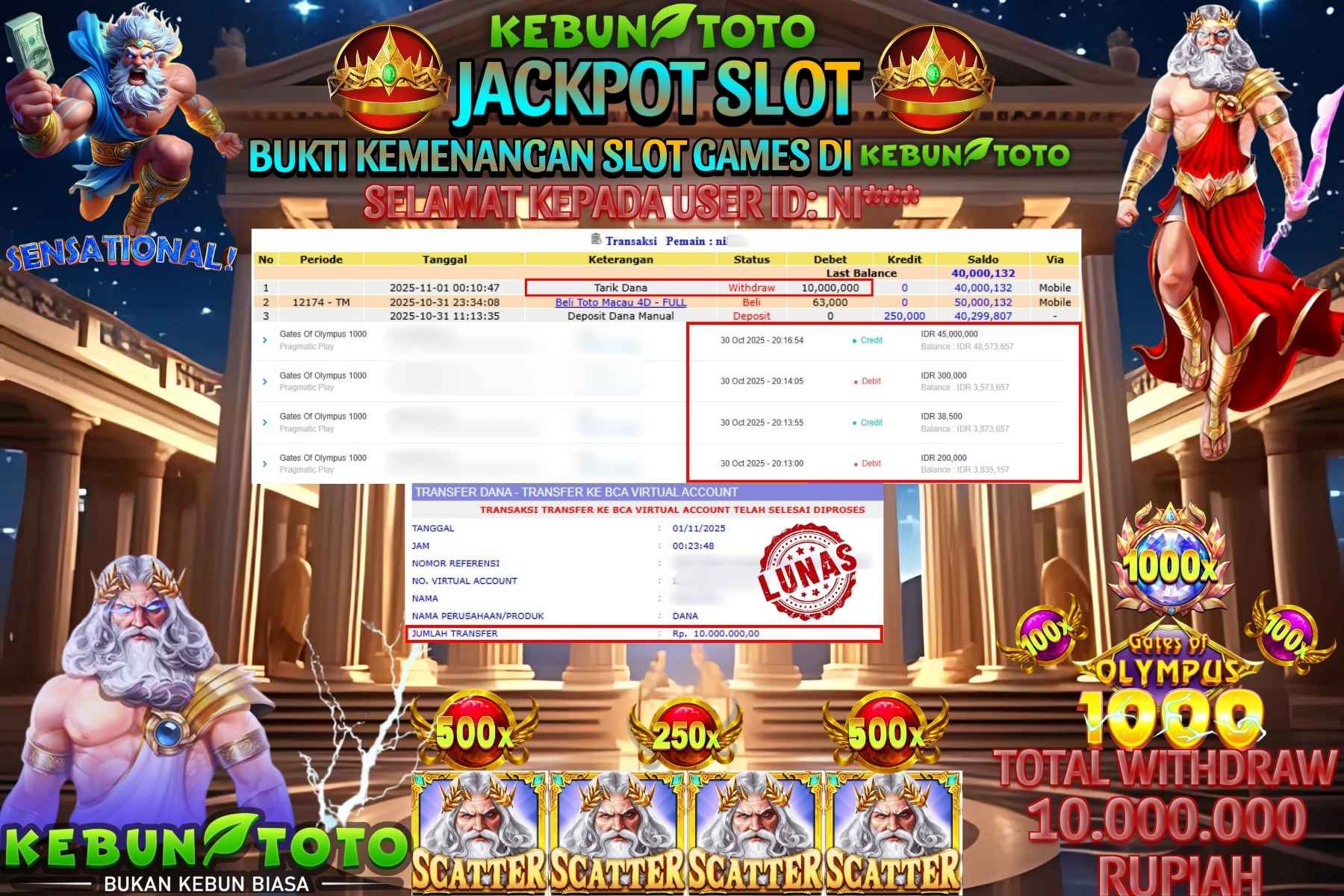 Bukti Kemenangan Rp 10.000.000 SLOT GATES OF OLYMPUS 1000 di KEBUNTOTO!
