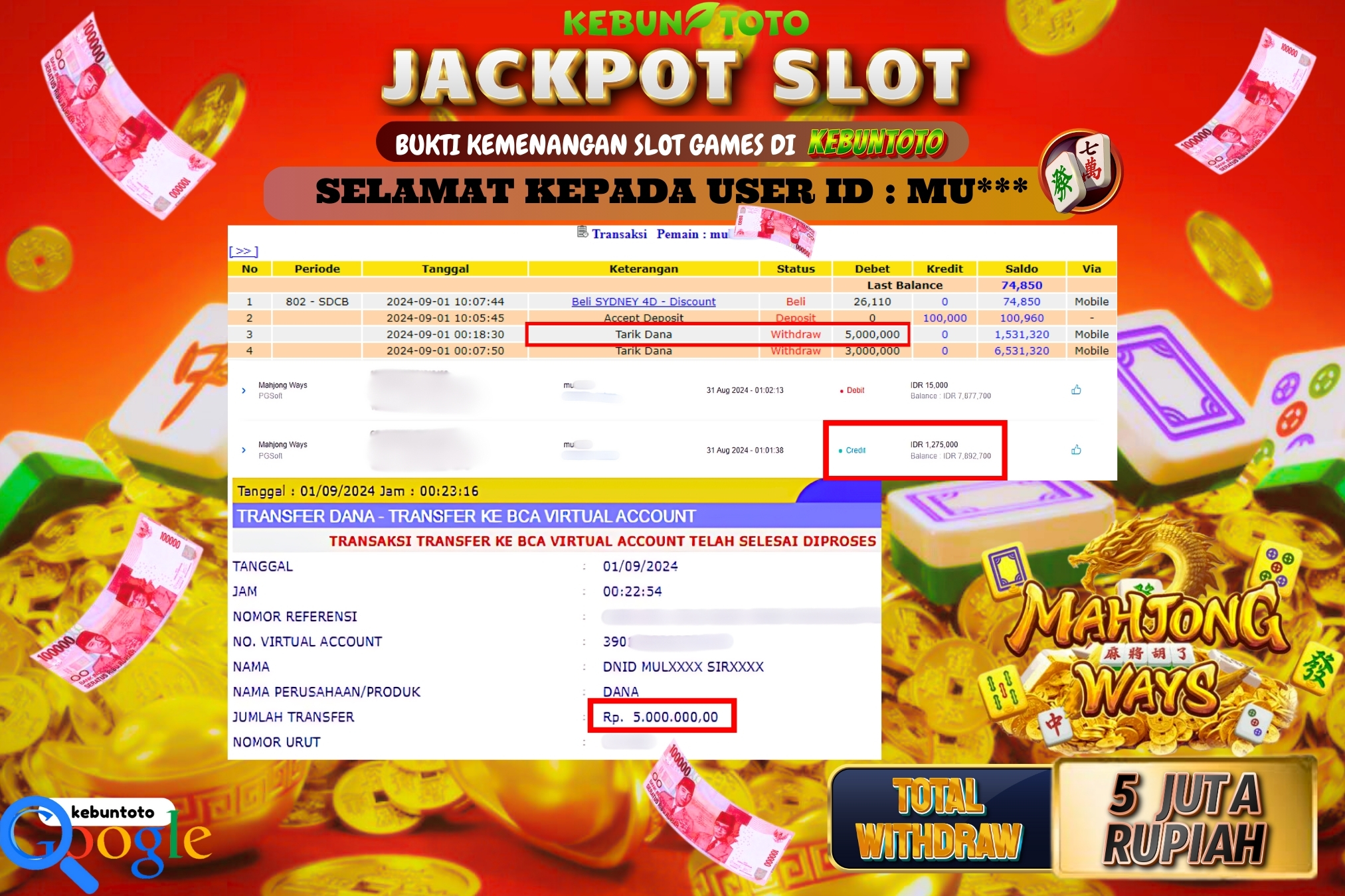 KEBUNTOTO JACKPOT SLOT MAHJONG WAYS Rp.5.000.000,- LUNAS