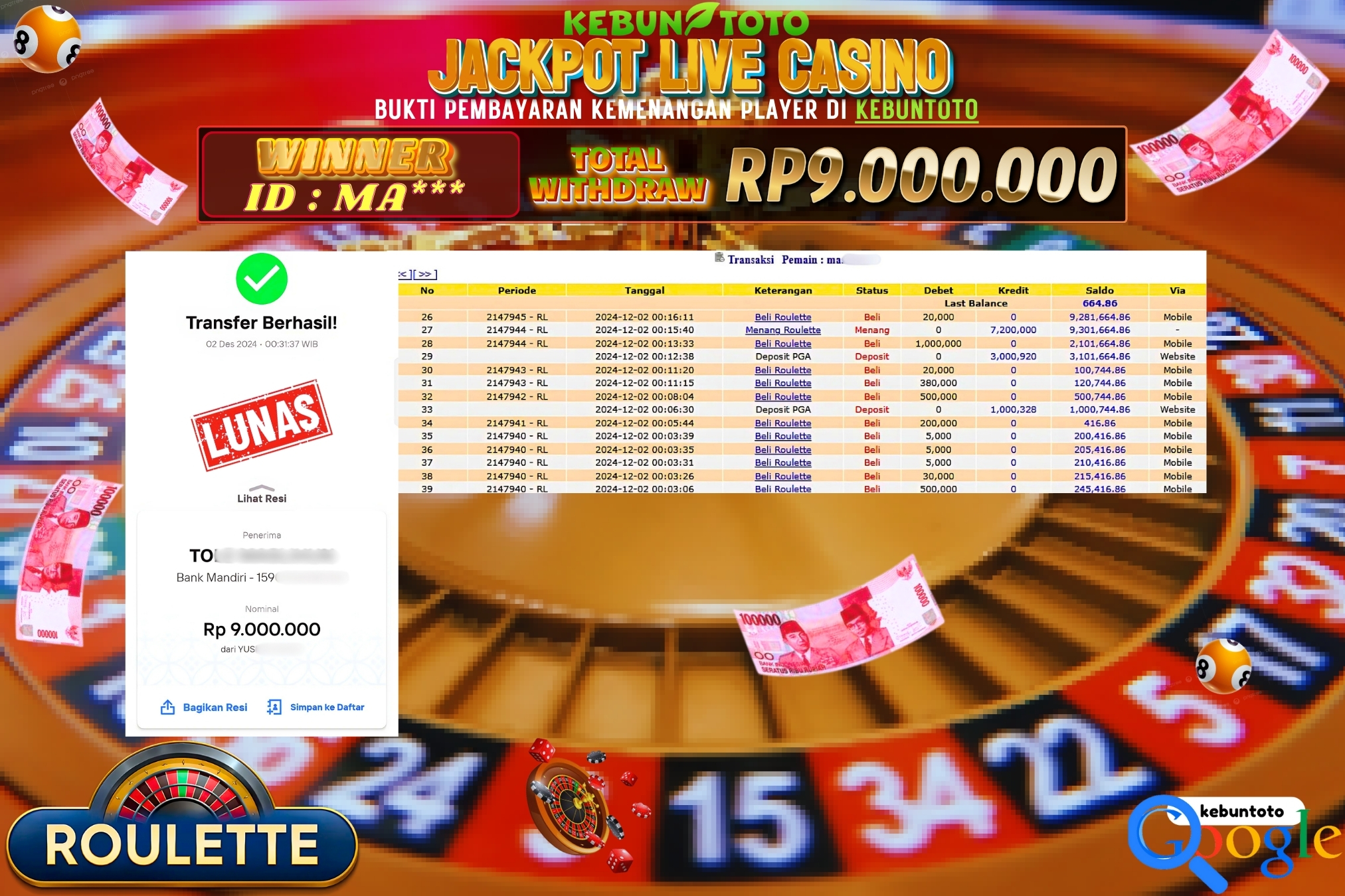KEBUNTOTO JACKPOT LIVE CASINO ROULETTE Rp.9.000.000,- LUNAS
