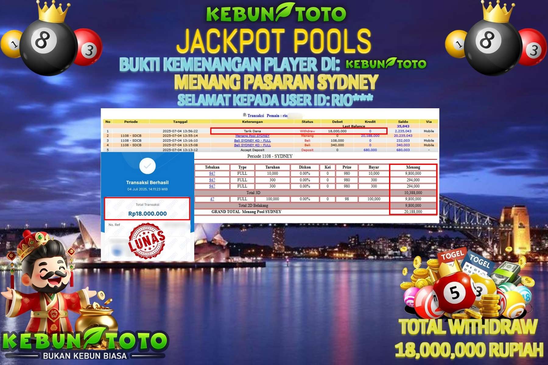 Bukti Kemenangan Rp 18.000.000 TOGEL SYDNEY di KEBUNTOTO!