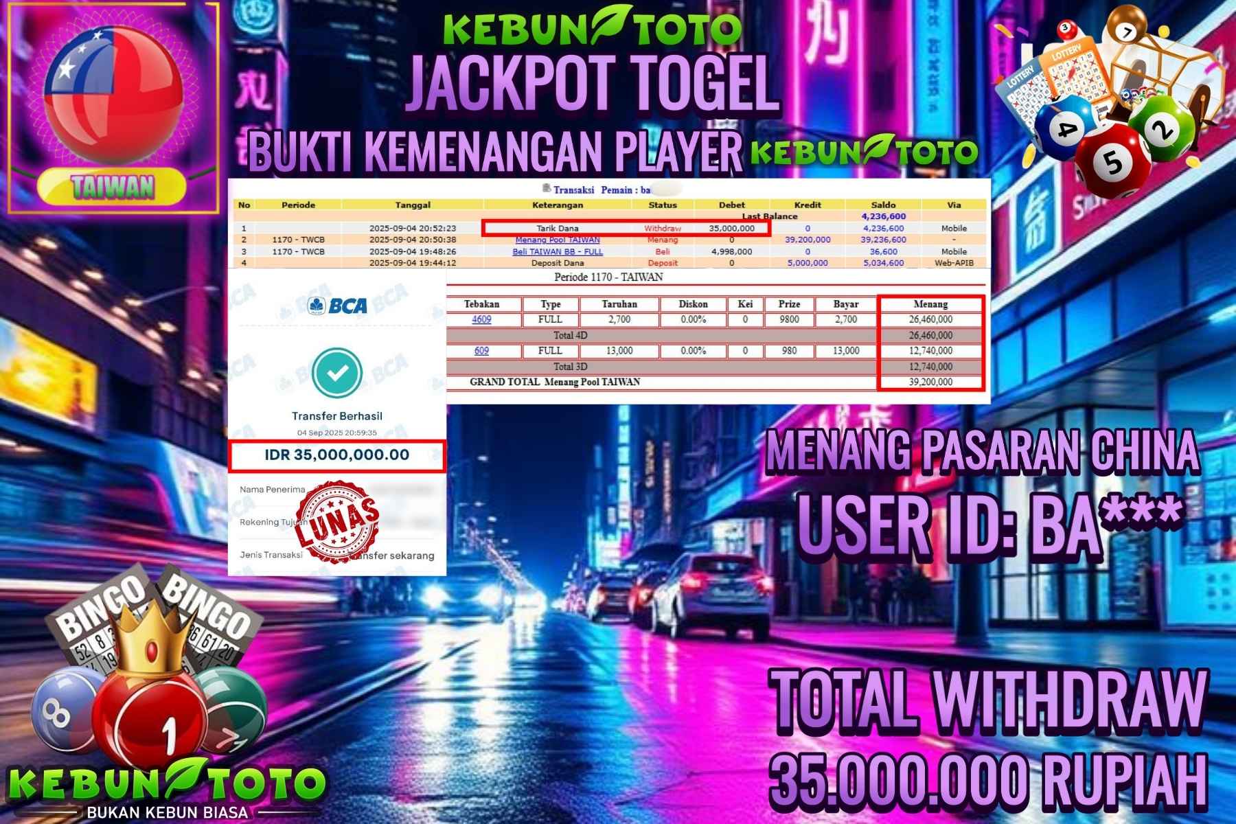 Bukti Kemenangan Rp 35.000.000 TOGEL TAIWAN di KEBUNTOTO!