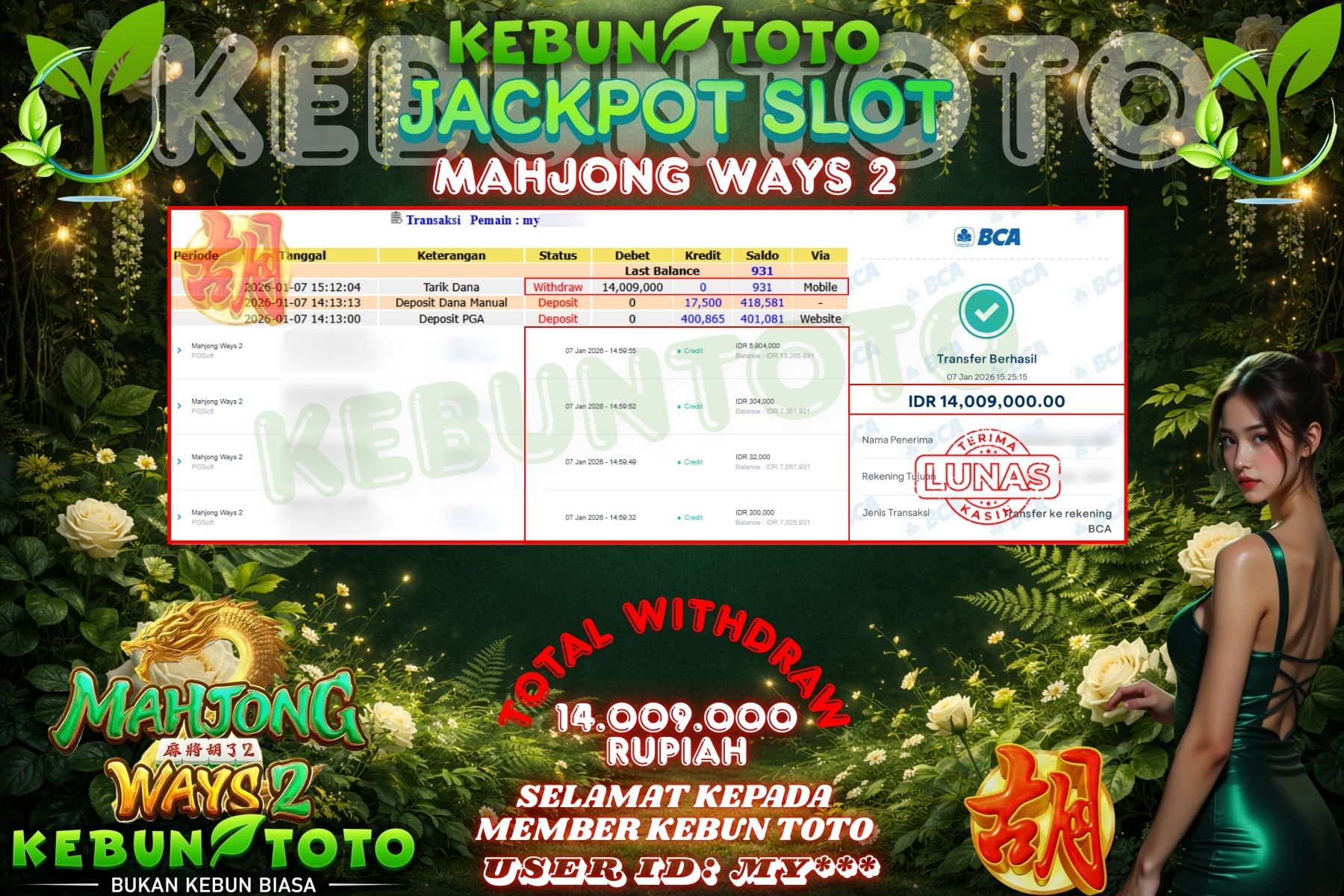 Bukti Kemenangan Rp 14.009.000 SLOT MAHJONG WAYS 2 di KEBUNTOTO!