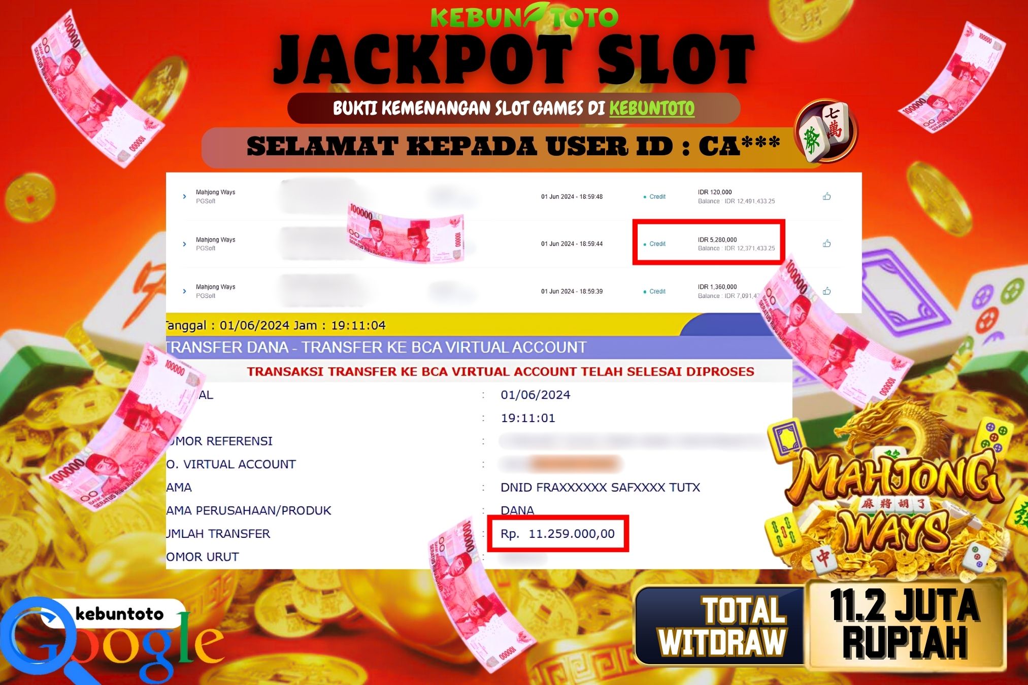 KEBUNTOTO JACKPOT SLOT MAHJONG WAYS Rp.11.259.000,- LUNAS