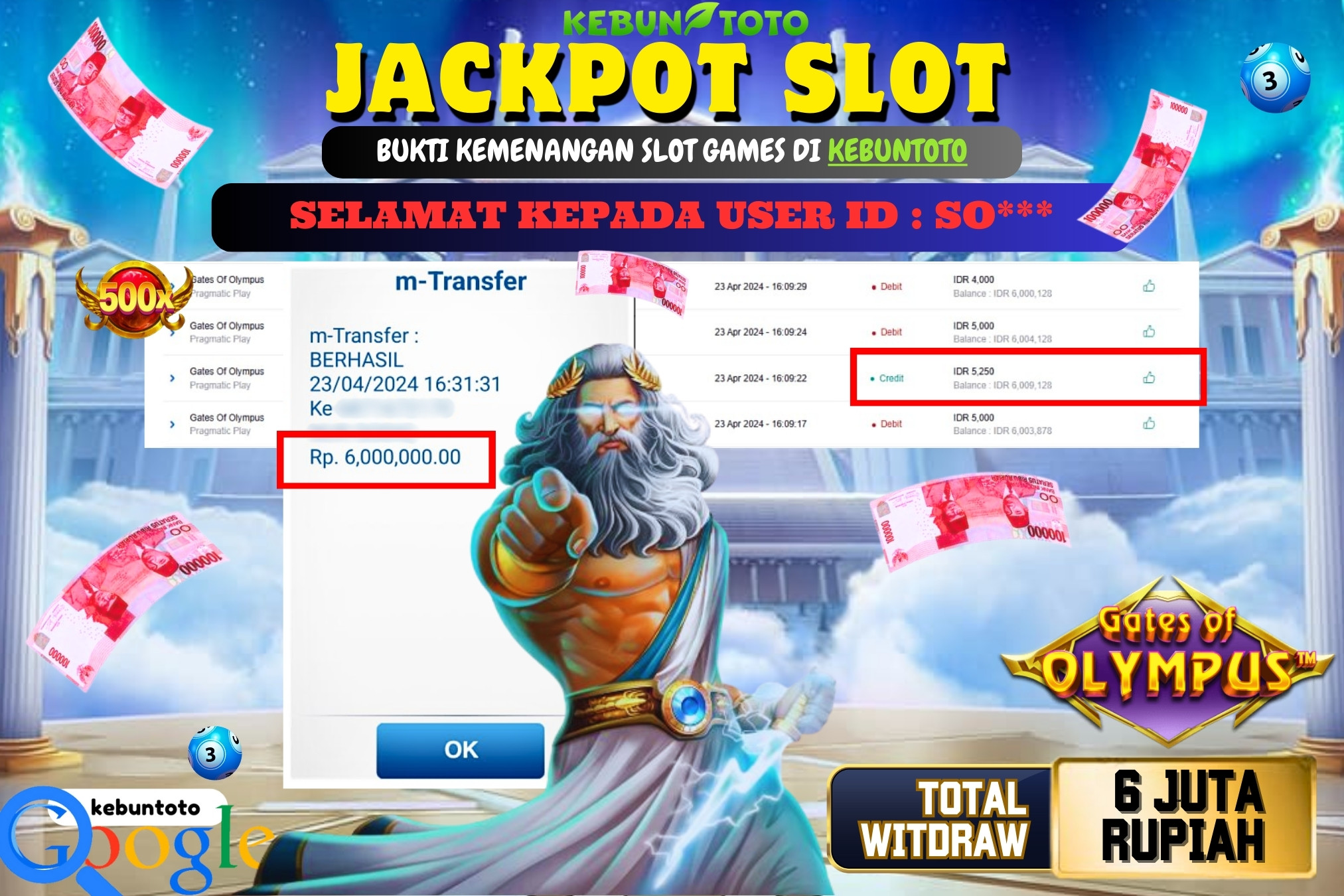 KEBUNTOTO JACKPOT SLOT  GATES OF OLYMPUS Rp.6.000.000,- LUNAS