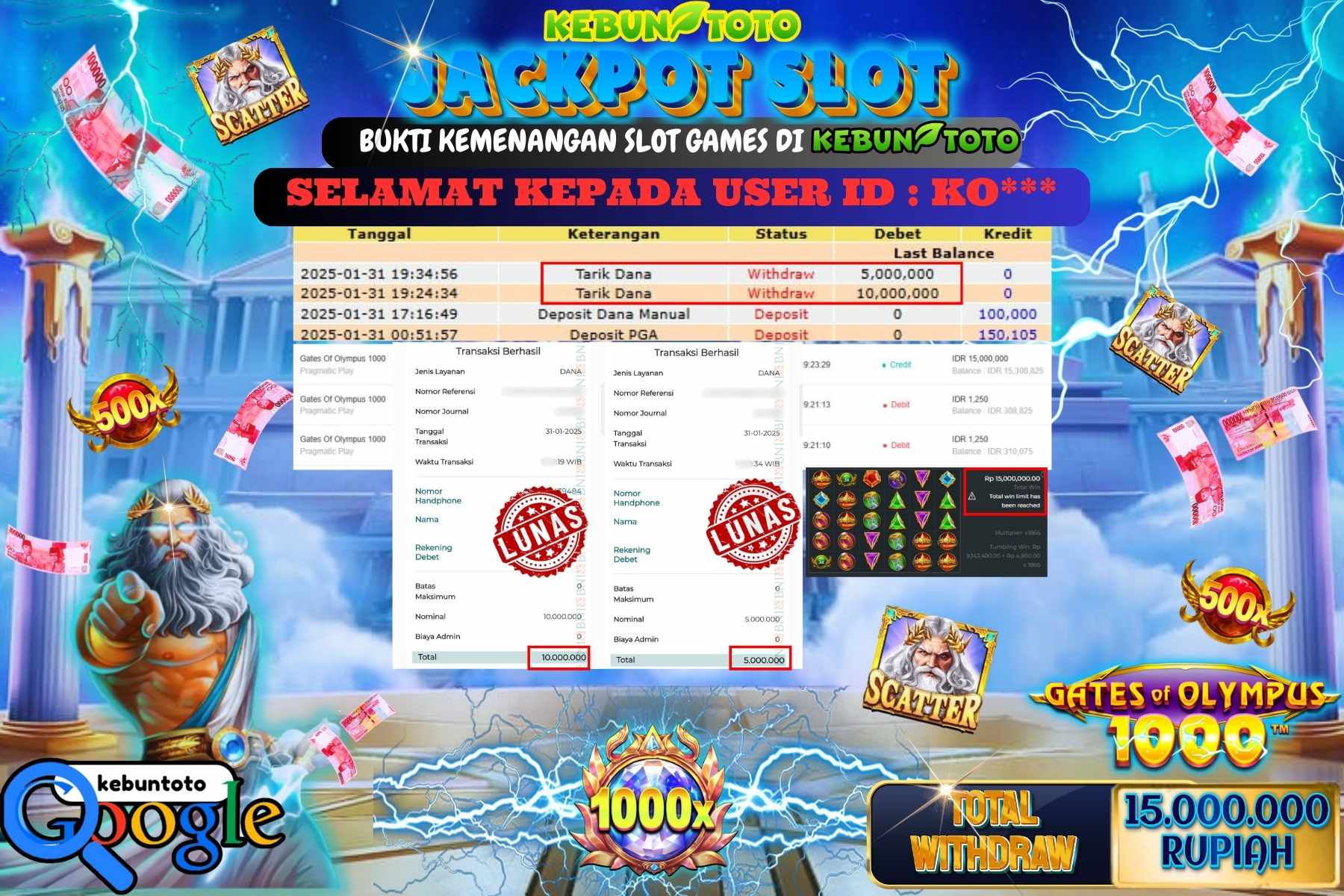 KEBUNTOTO JACKPOT SLOT GATES OF OLYMPUS 1000 , Sebesar Rp 15.000.000,- LUNAS