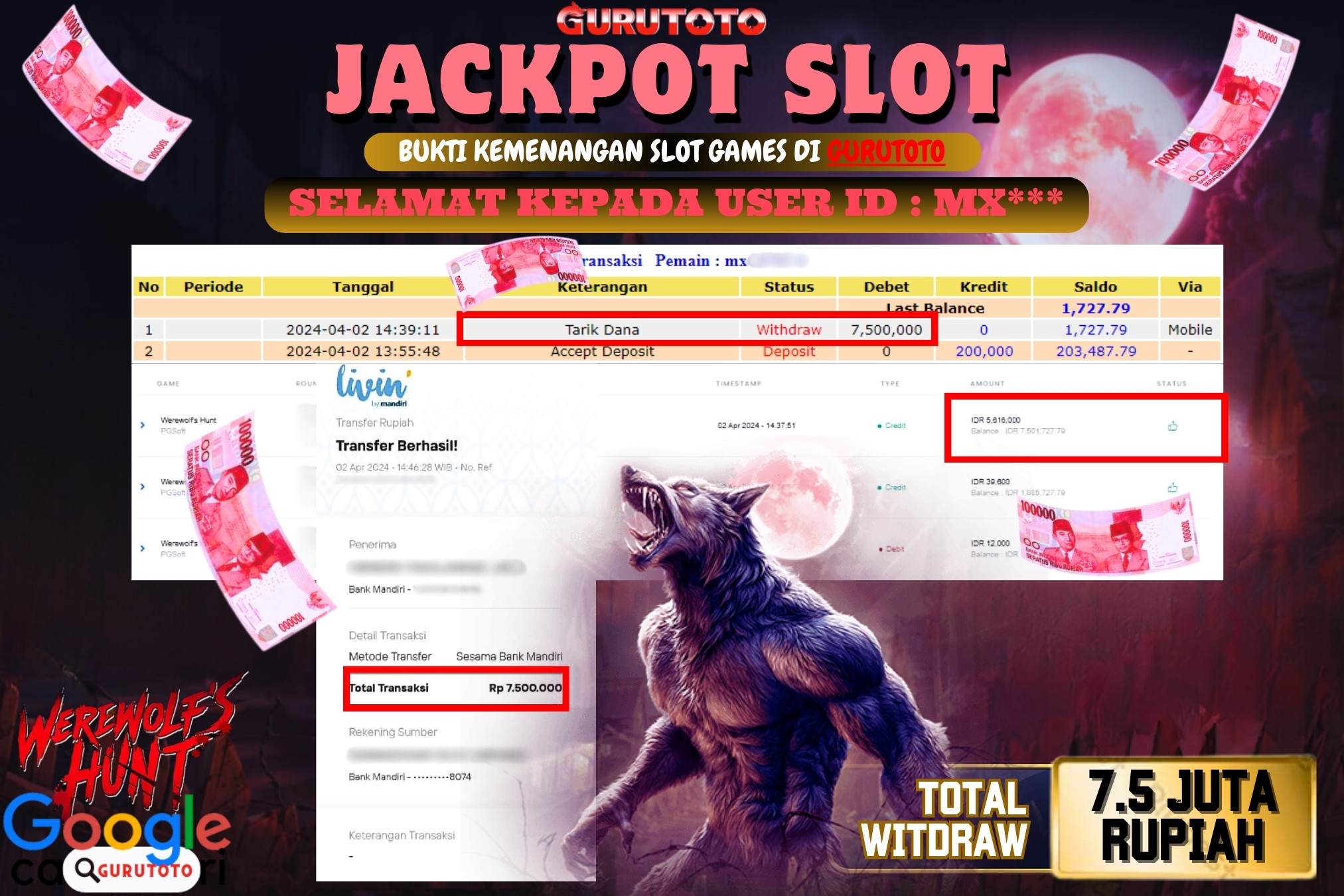 Jackpot  SLOT WEREWOLFS HUNT di Gurutoto sebesar Rp.7.500.000 dibayar lunas.