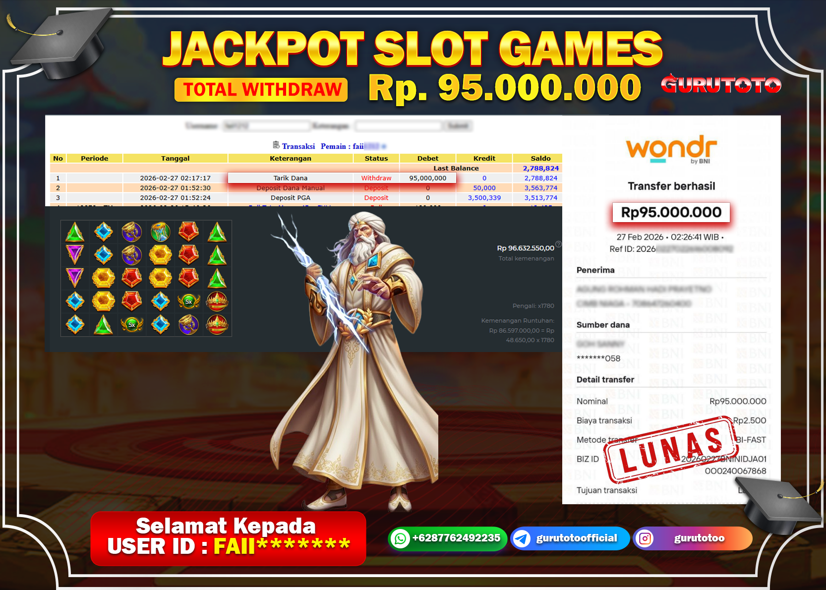 Bukti Kemenangan Rp 95.000.000 GATES OF OLYMPUS di GURUTOTO !
