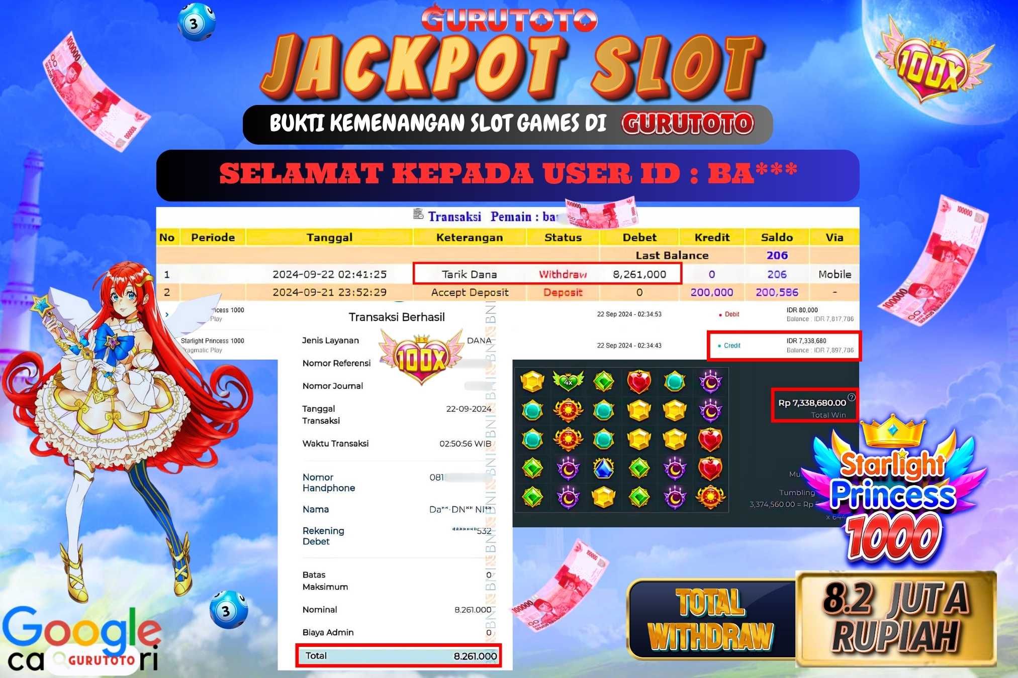 Jackpot Slot Starlight Princess 1000 di Gurutoto sebesar Rp.8.200.000 dibayar lunas.