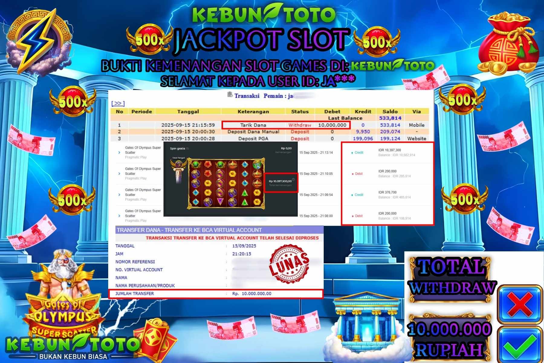 Bukti Kemenangan Rp 10.000.000 SLOT GATES OF OLYMPUS SUPER SCATER di KEBUNTOTO!
