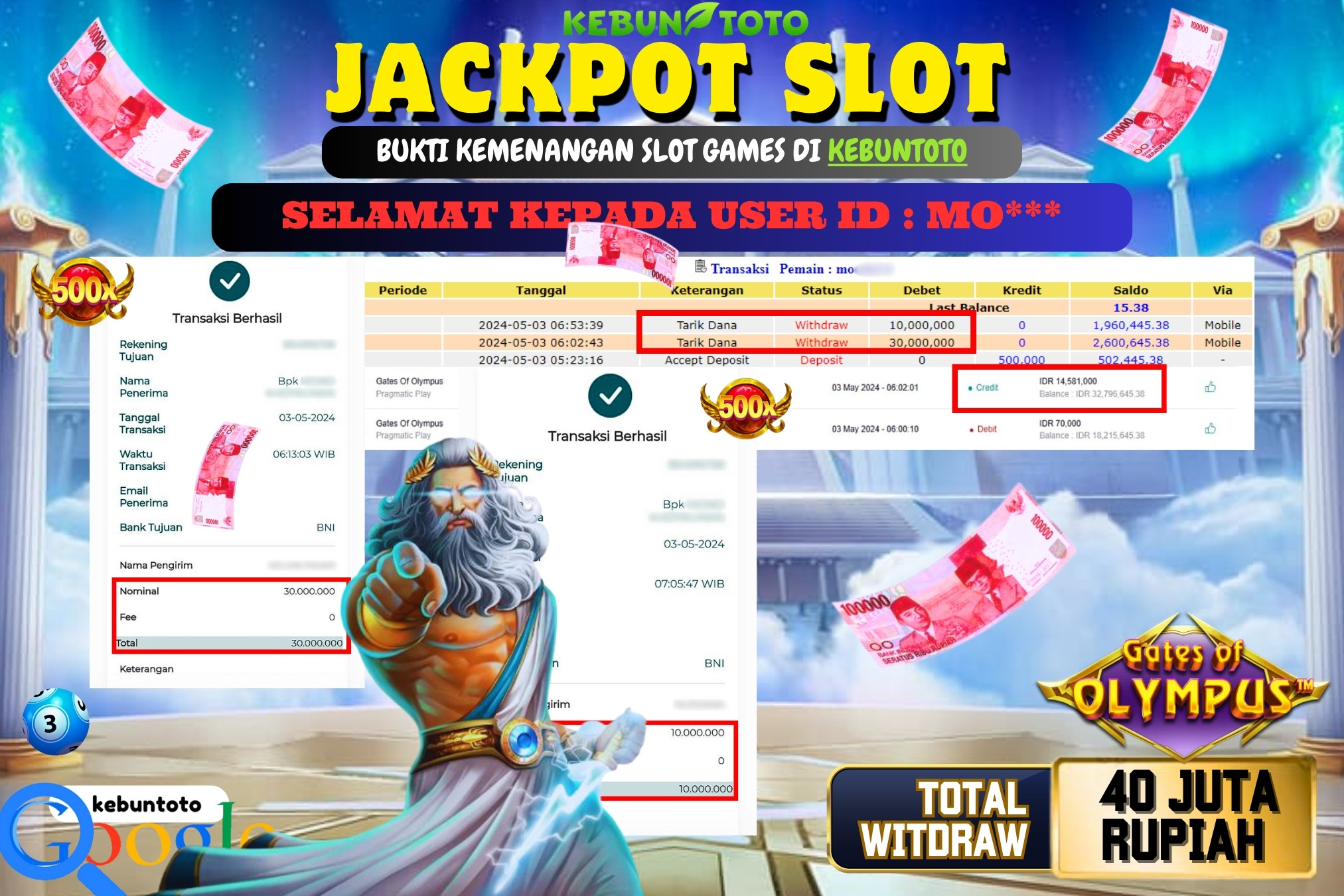 KEBUNTOTO JACKPOT SLOT GATES OF OLYMPUS Rp.40.000.000,- LUNAS