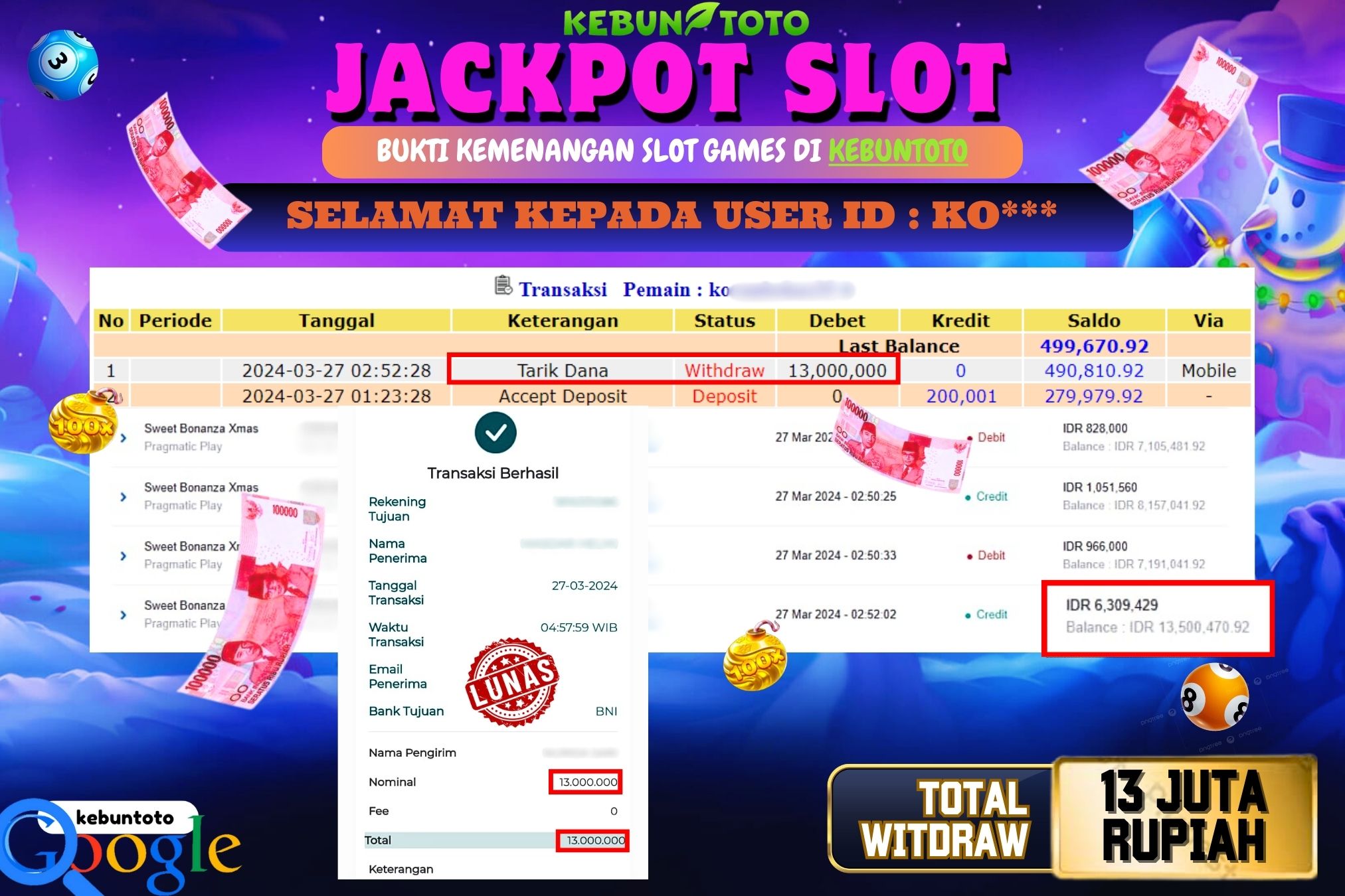 KEBUNTOTO JACKPOT SLOT SWEET BONANZA XMAS Rp.13.000.000,- LUNAS