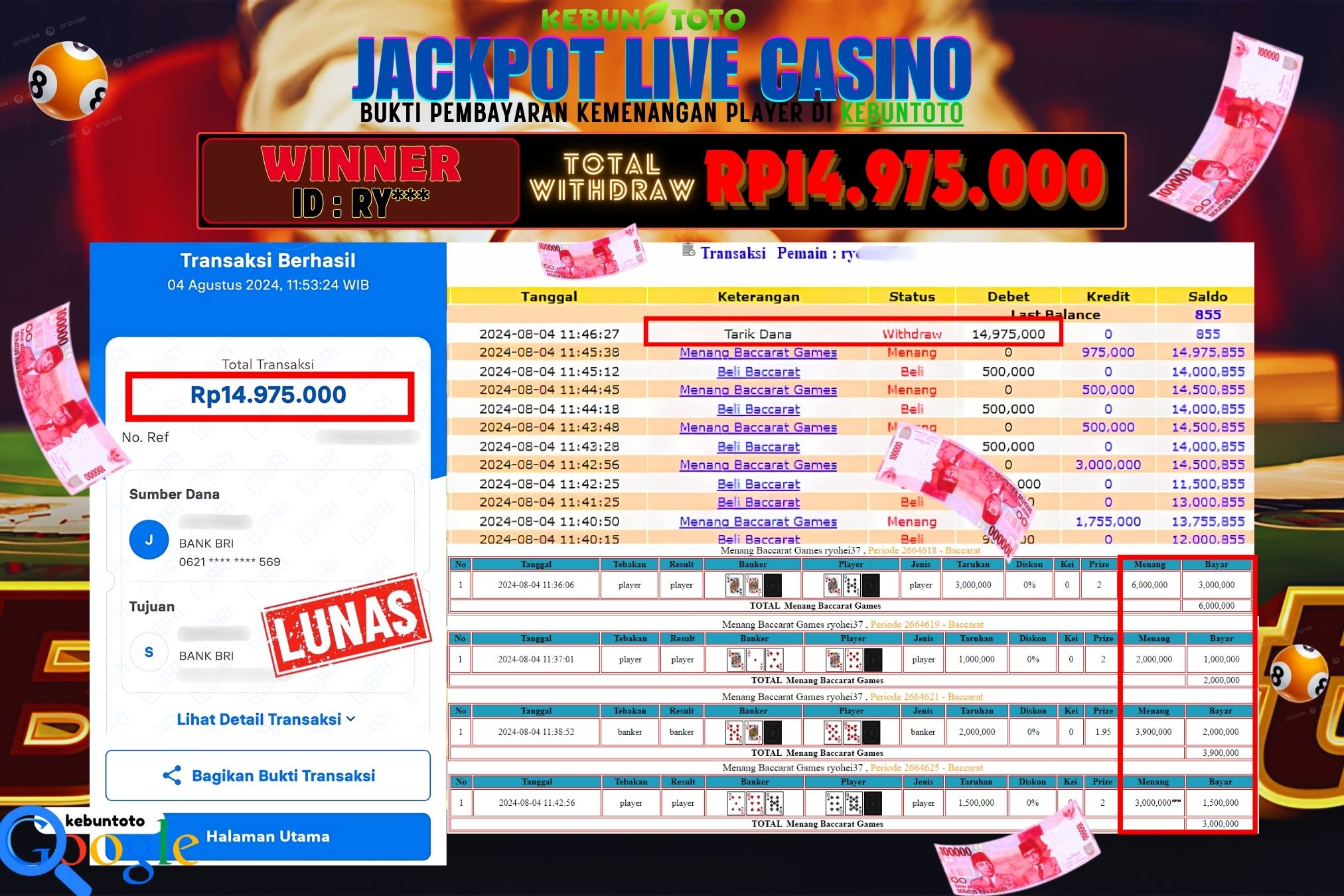 KEBUNTOTO JACKPOT LIVE CASINO BACCARAT Rp.14.975.000,- LUNAS