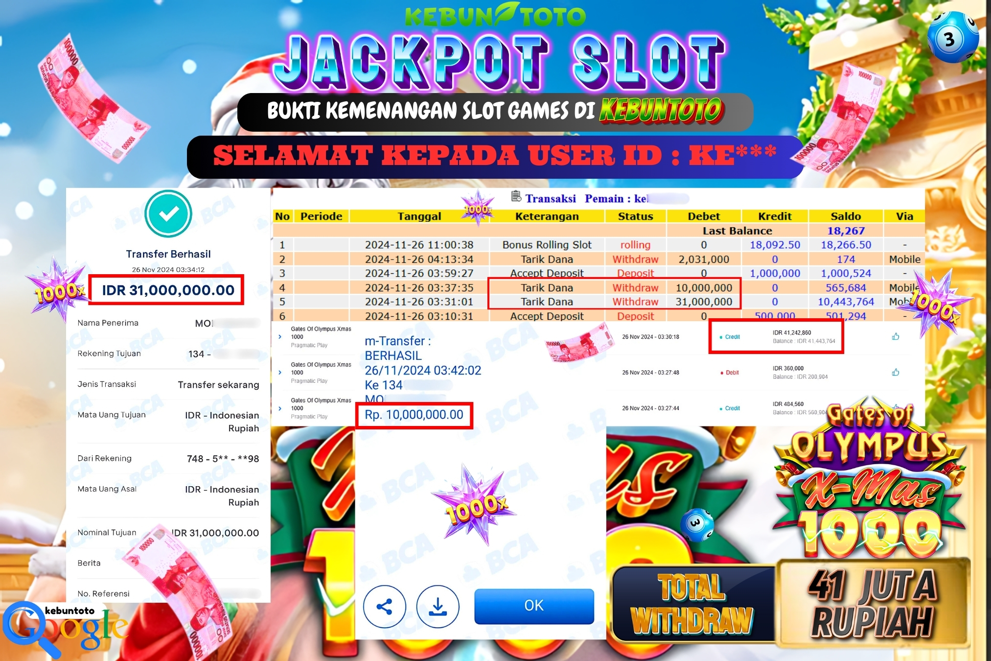 KEBUNTOTO JACKPOT SLOT GATES OF OLYMPUS XMAS 1000 Rp.41.000.000,- LUNAS