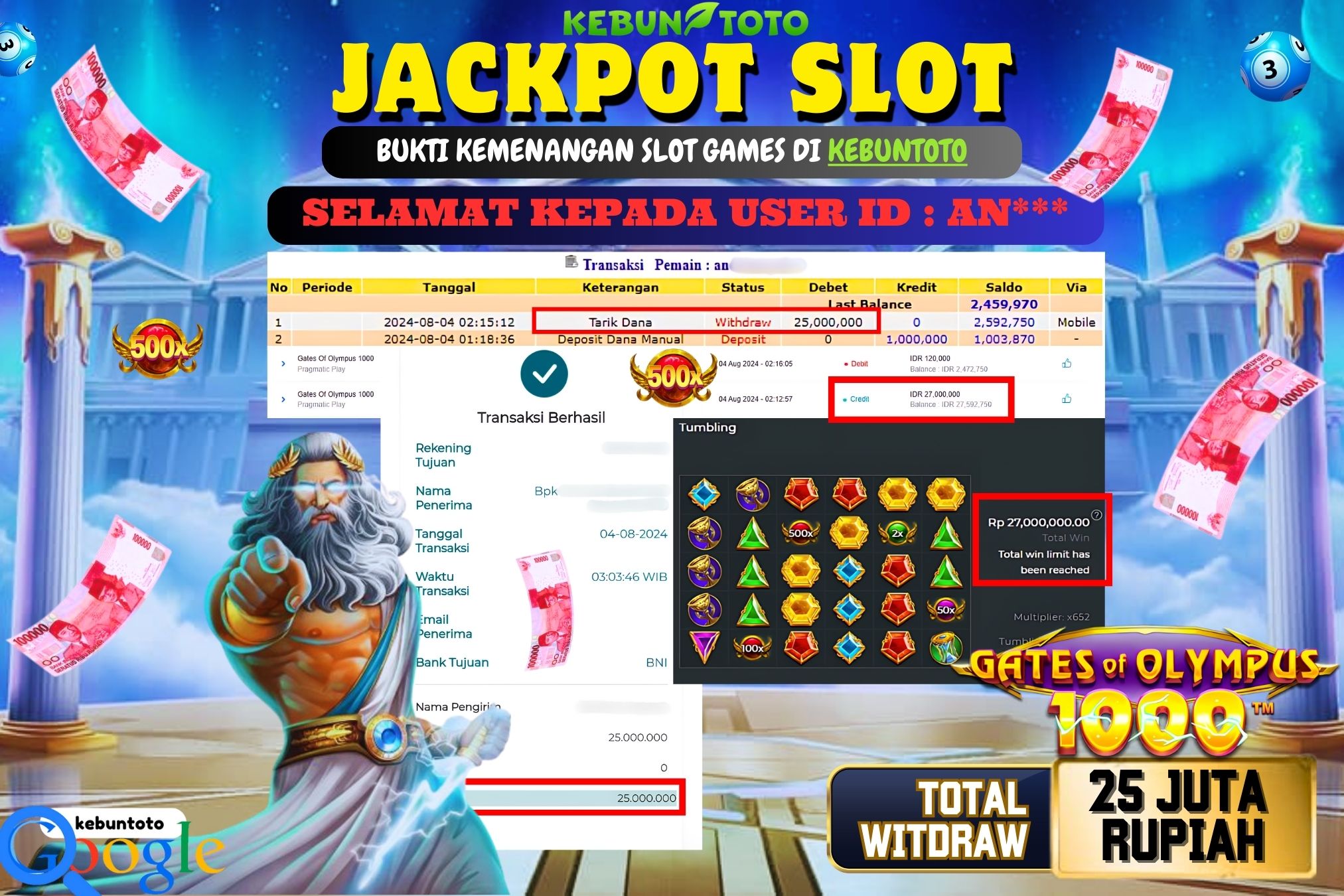 KEBUNTOTO JACKPOT SLOT GATES OF OLYMPUS 1000 Rp.25.000.000,- LUNAS