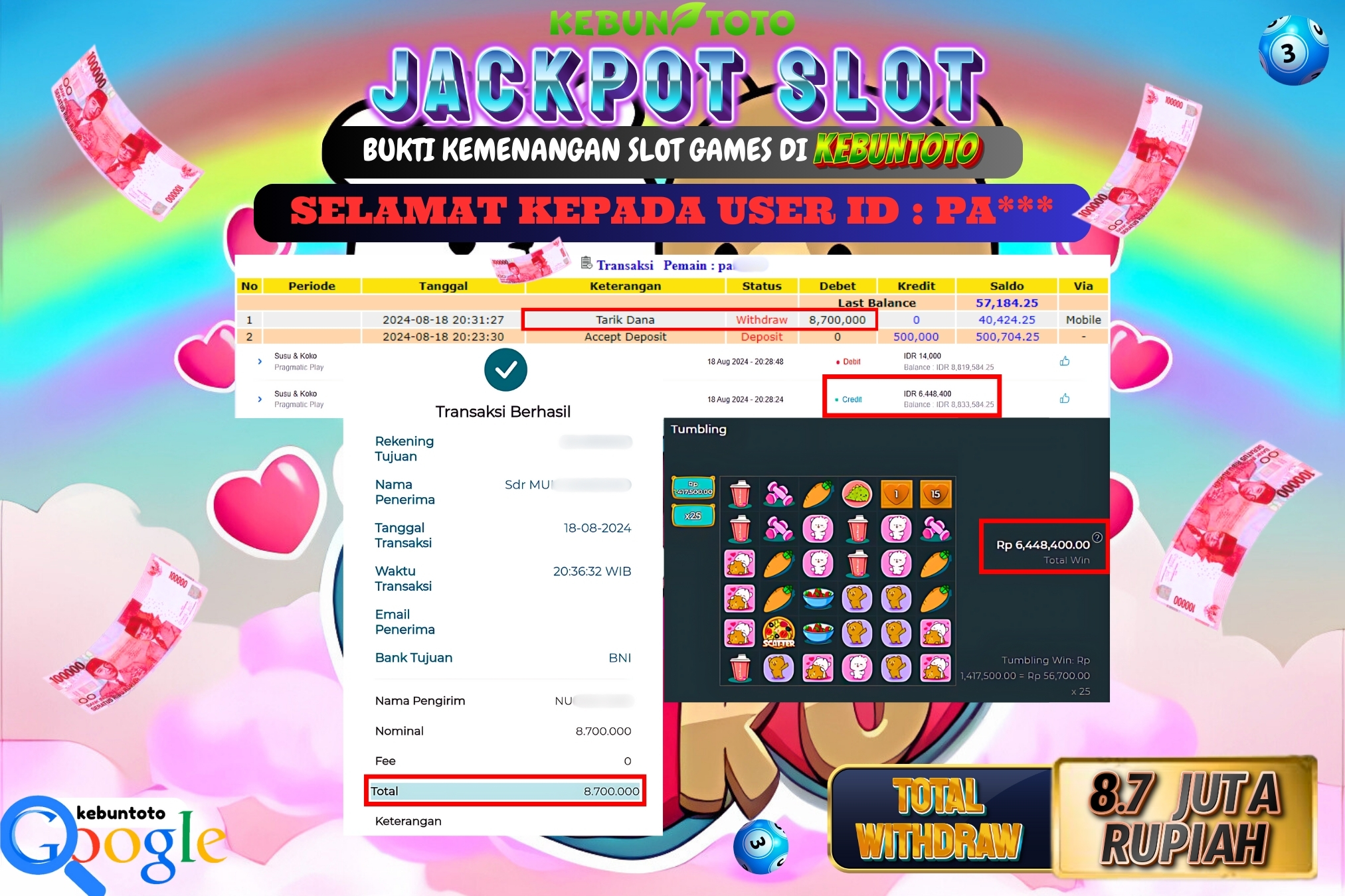 KEBUNTOTO JACKPOT SLOT SUSU & KOKO Rp.8.700.000,- LUNAS