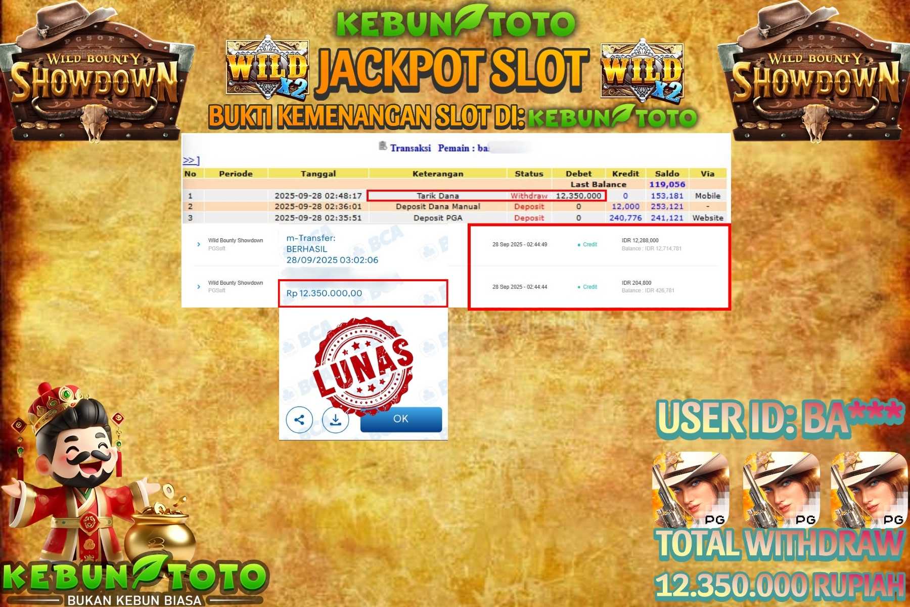 Bukti Kemenangan Rp 12.350.000 SLOT WILD BOUNTY SHOWDOWN di KEBUNTOTO!
