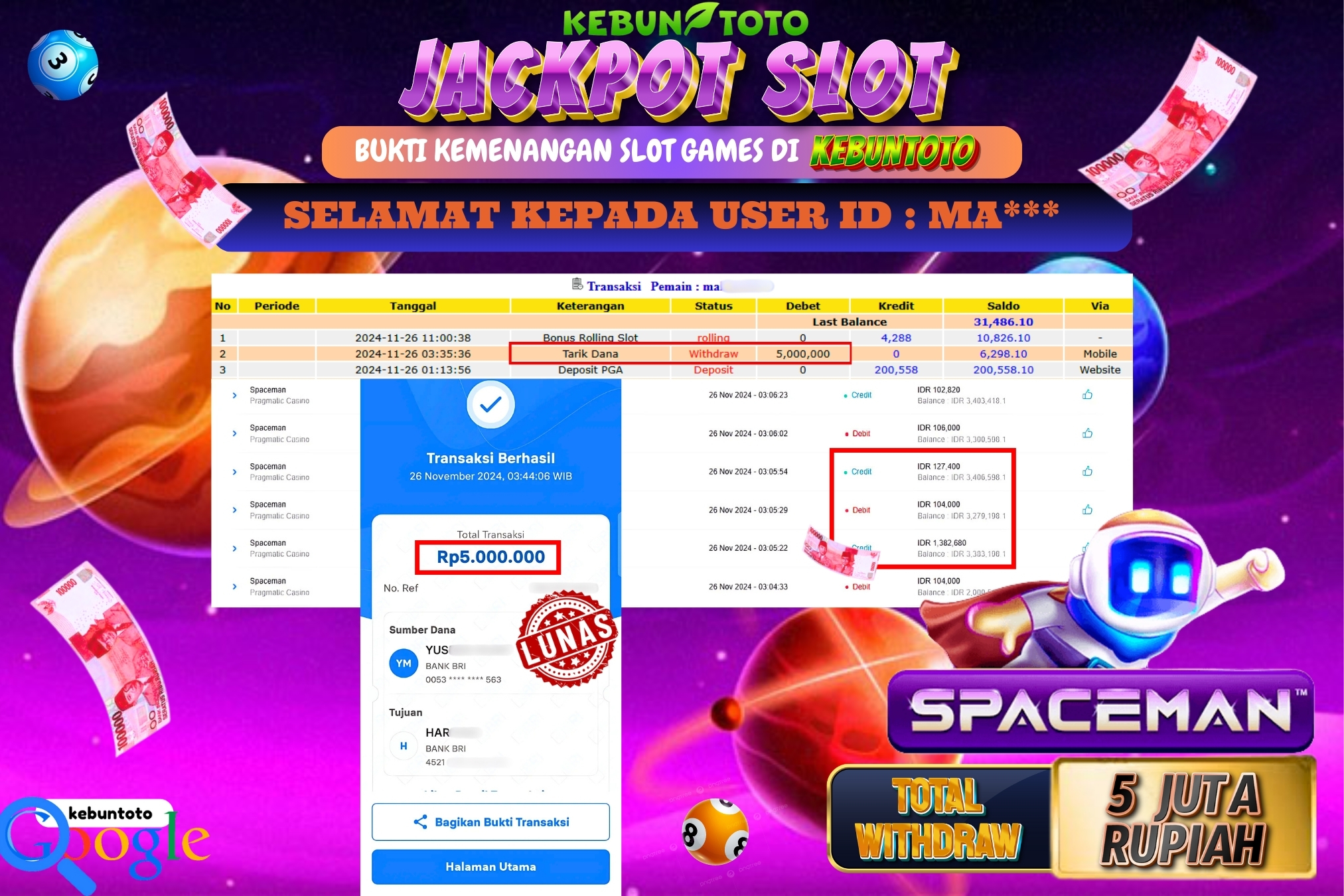 KEBUNTOTO JACKPOT SLOT SPACEMAN Rp.5.000.000,- LUNAS